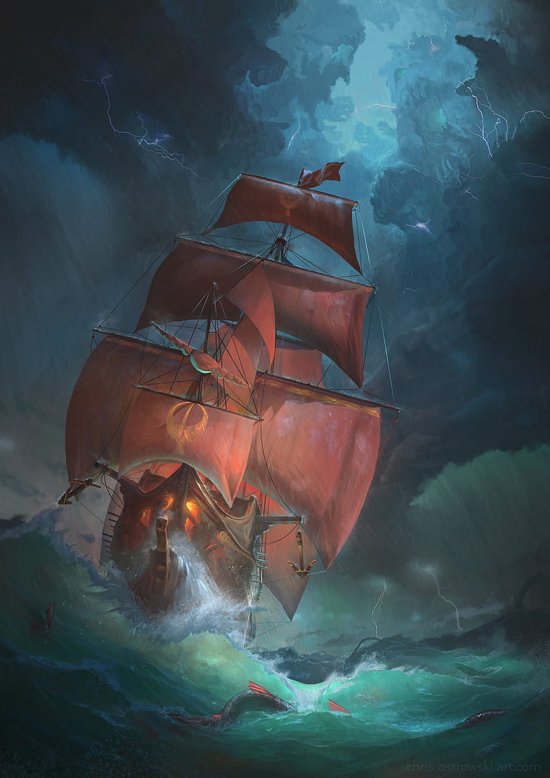 800x1131 Drawing, sea, boat, ship, HD phone wallpaper