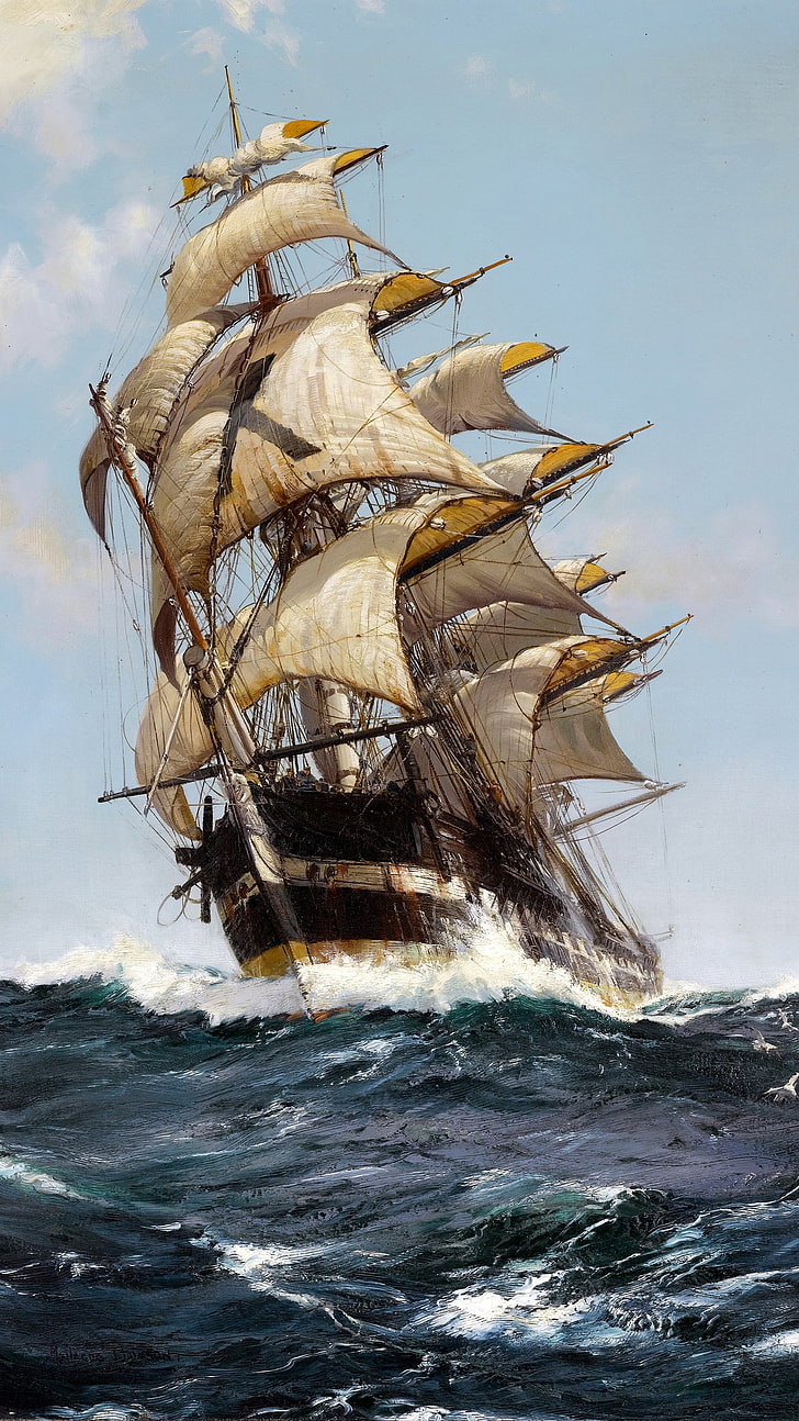728x1294 HD wallpaper: portrait display, sailing ship, classic art, sailor, painting