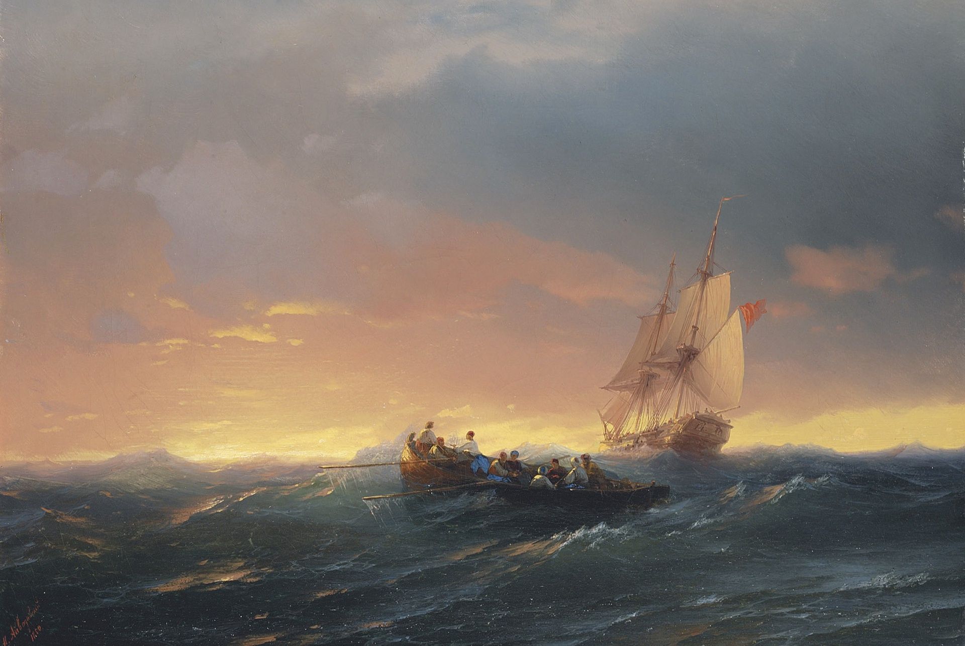 1920x1286 Wallpaper sea, boat, picture, seascape, Ivan Aivazovsky, Ships on the Waves at Sunset for mobile and desktop, section живопись, resolution 1920x1286