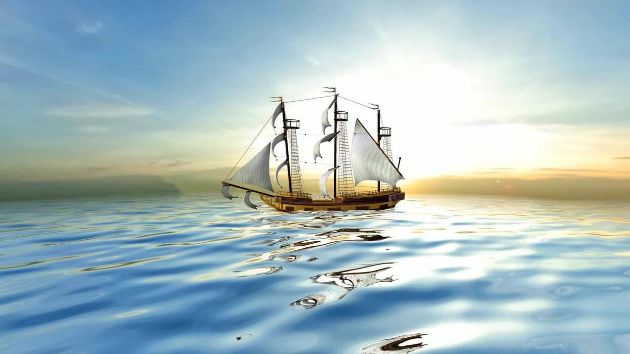 1244x700 Sailing Ship, Sea, Water Waves, Sky Reflection, Exclusive, Background