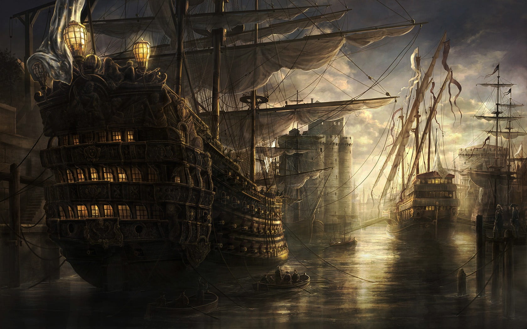 1680x1050 Galleon ship illustration, sea, old ship, fantasy art, artwork HD wallpaper