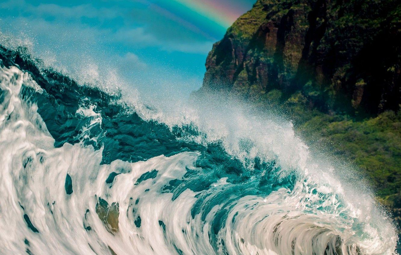 1332x850 Wallpaper sea, mountains, nature, the ocean, wave, rainbow, Hawaii image for desktop, section природа