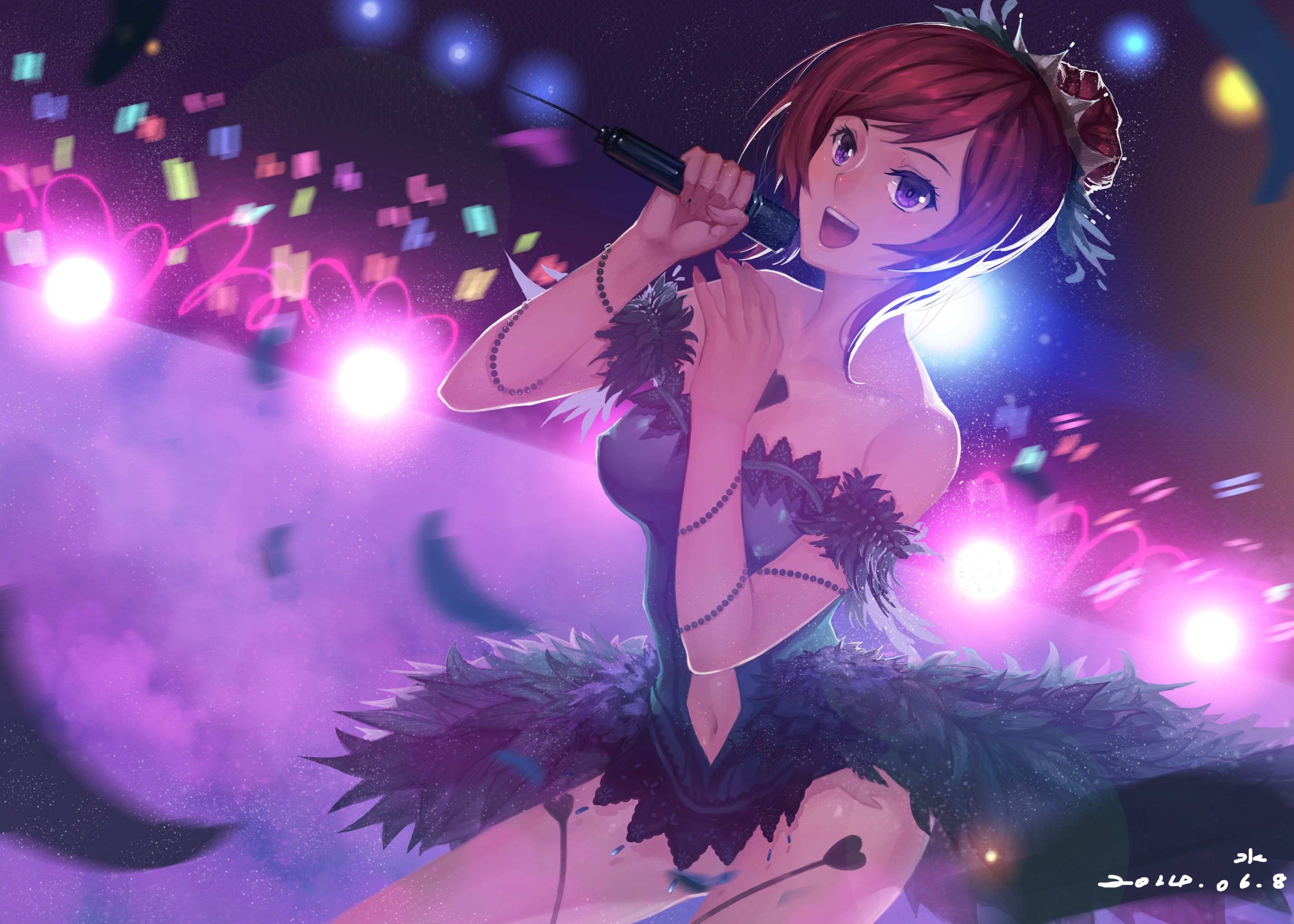 3639x2600 dress, Love, Live, School, Idol, Project, Microphone, Navel, Nishikino, Maki, Purple, Eyes, Red, Hair, Short, Hair, Shuizhanglang, Signed Wallpaper HD / Desktop and Mobile Background