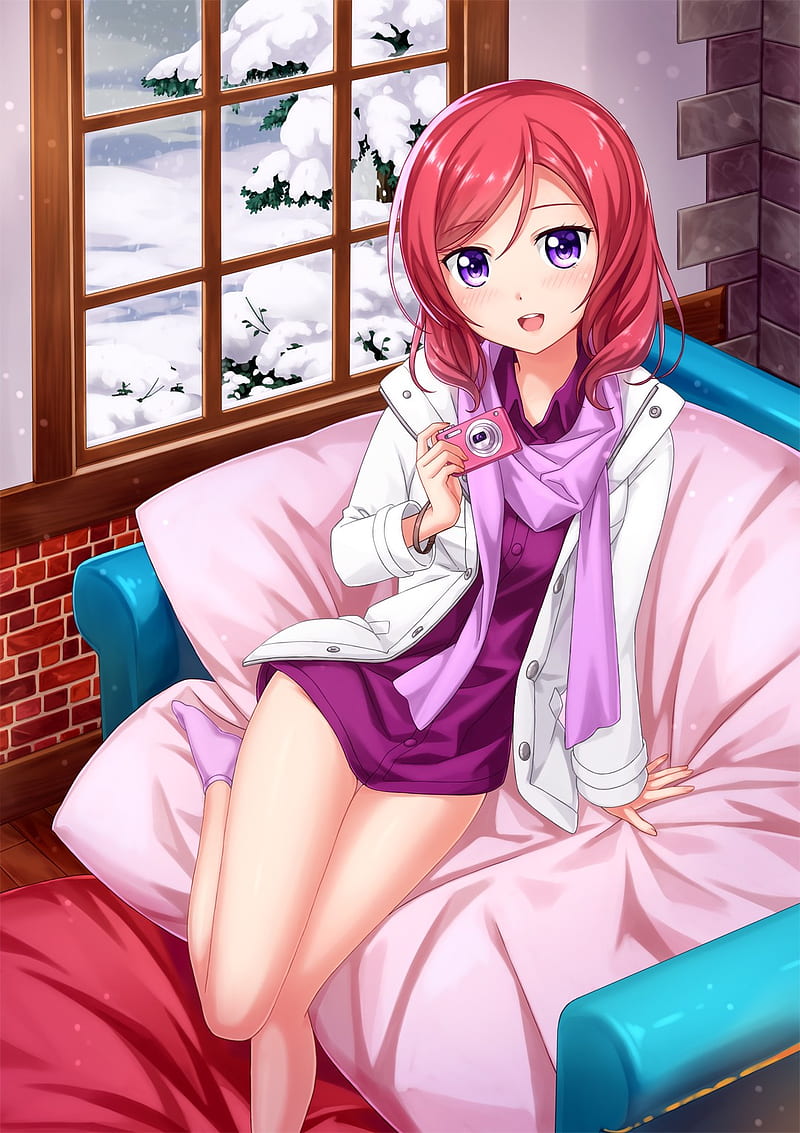 800x1133 Anime, anime girls, Love Live!, redhead, purple eyes, short hair, camera, feet, HD phone wallpaper
