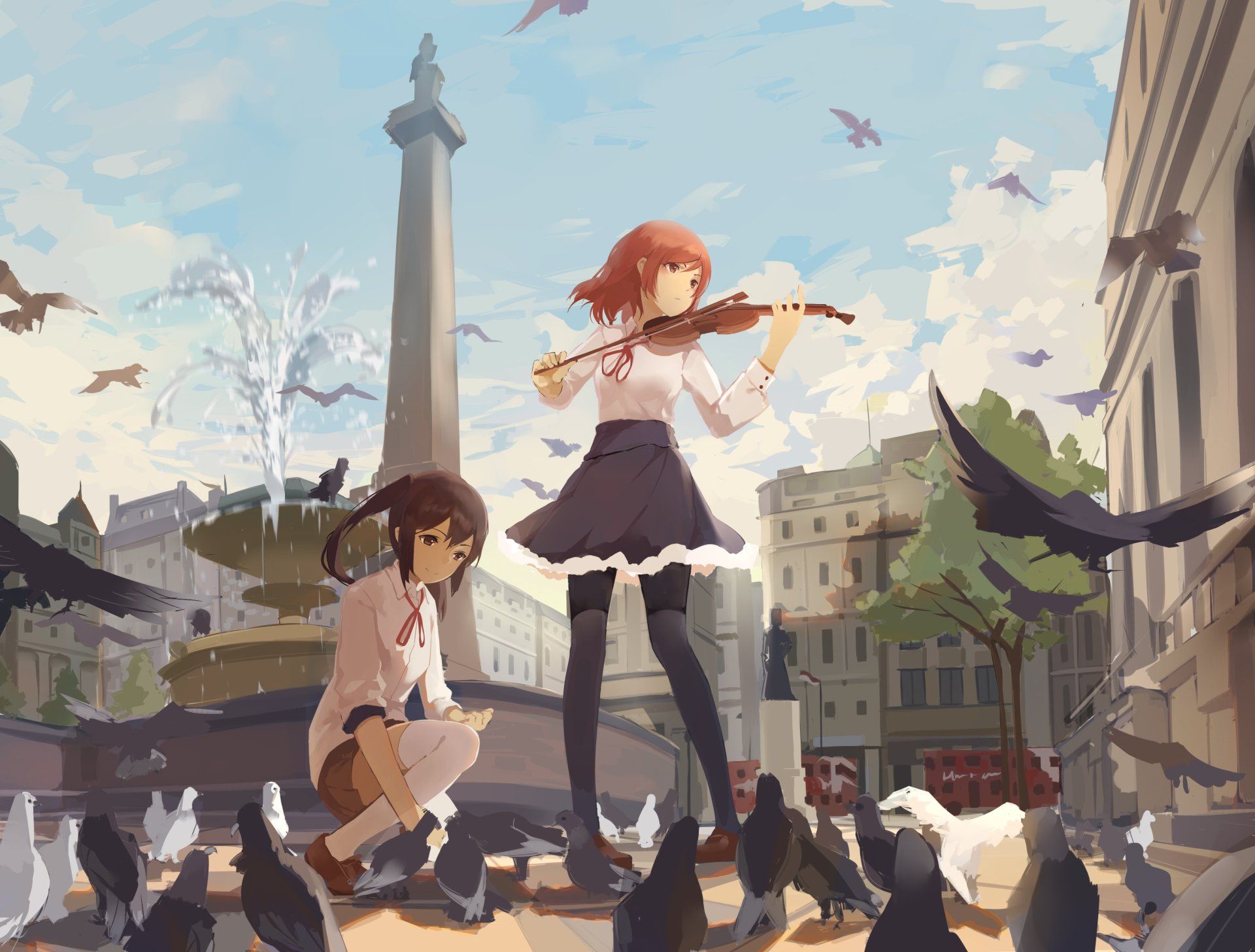 1920x1456 Love Live! Nico & Maki Violinist at Fountain HD Wallpaper