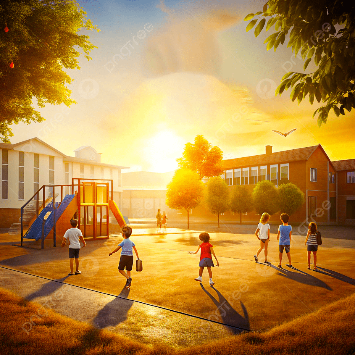 1200x1200 Back To School Students Playing At Playground Evening Time Kids Park, Back To School, Students Playing, Playing Background Image And Wallpaper for Free Download