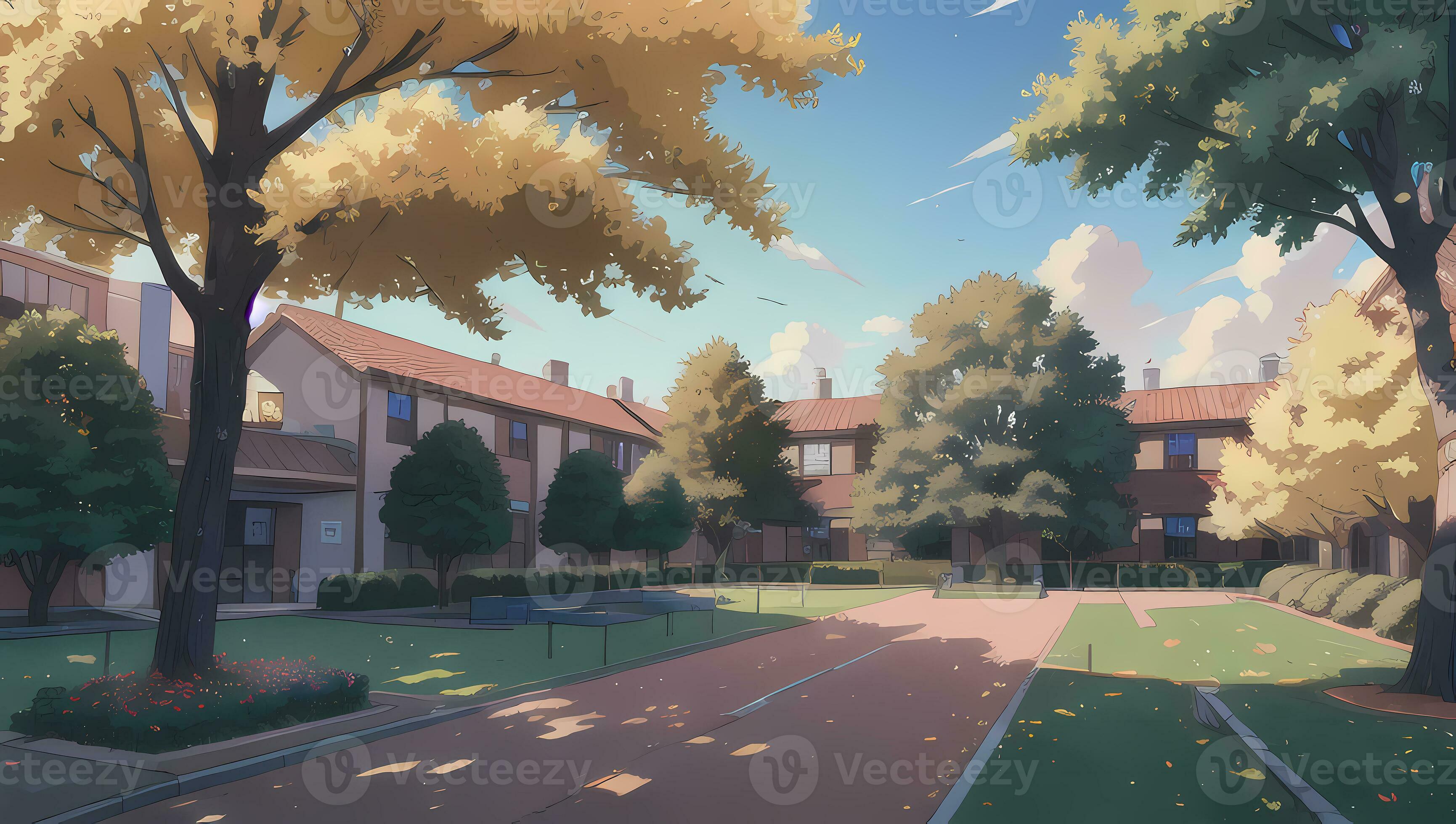 3461x1960 University School Complex Visual Novel Anime Manga Background Wallpaper On a Sunny Day