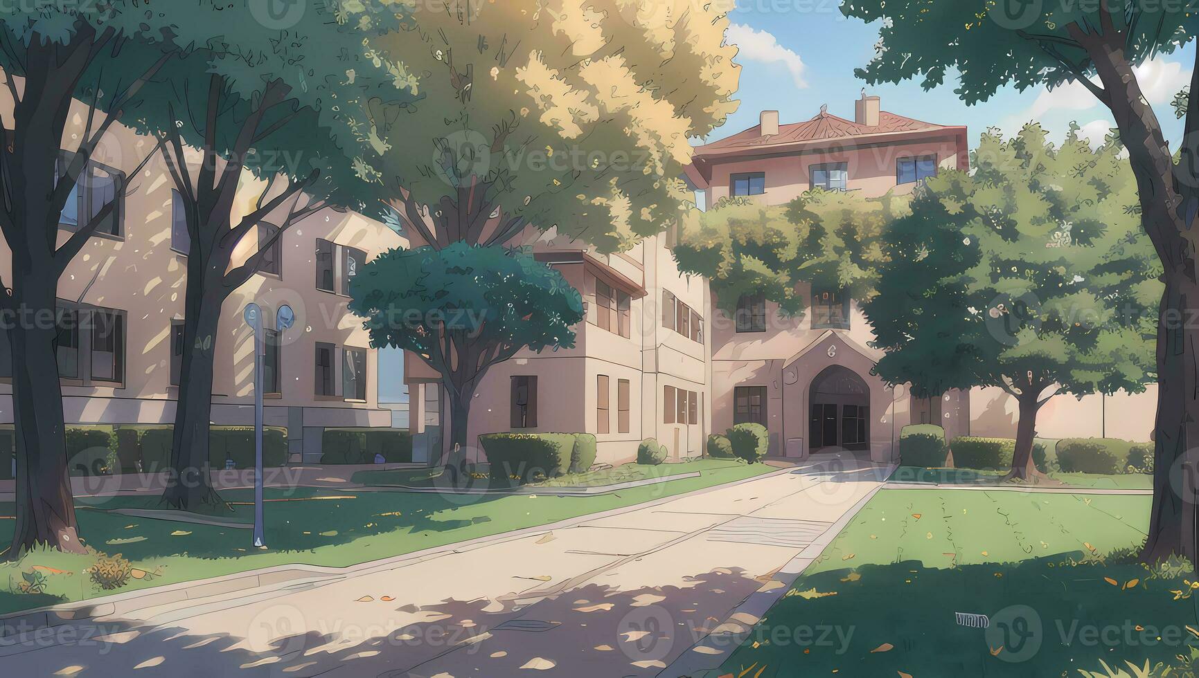 1731x980 University School Complex Visual Novel Anime Manga Background Wallpaper On a Sunny Day