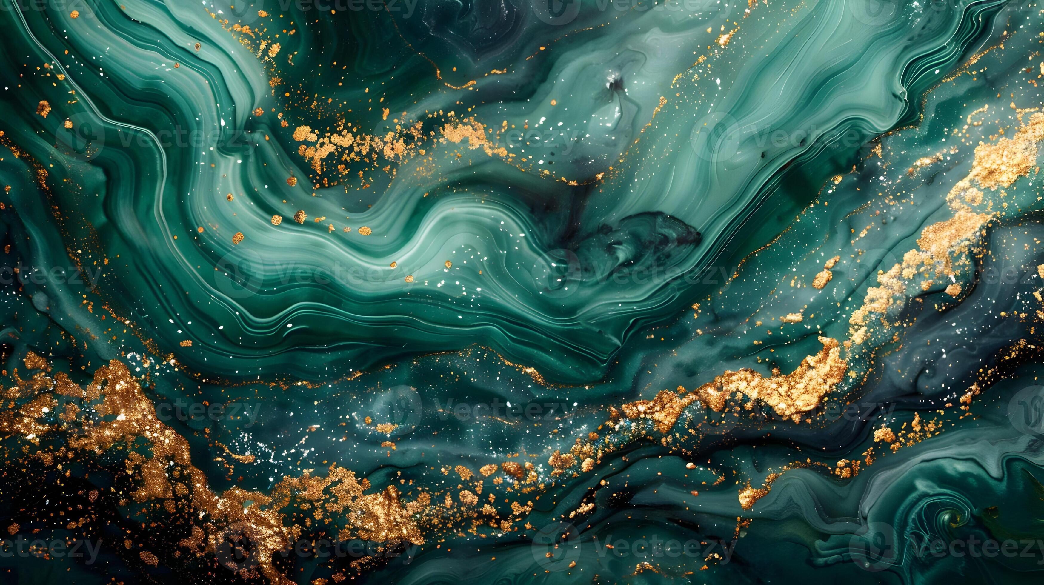 3497x1960 AI Generated Wallpaper Minimalism With Blue Jade Vibes. Blue Green Marble Background And Golden Waves. High Resolution. AI Generative