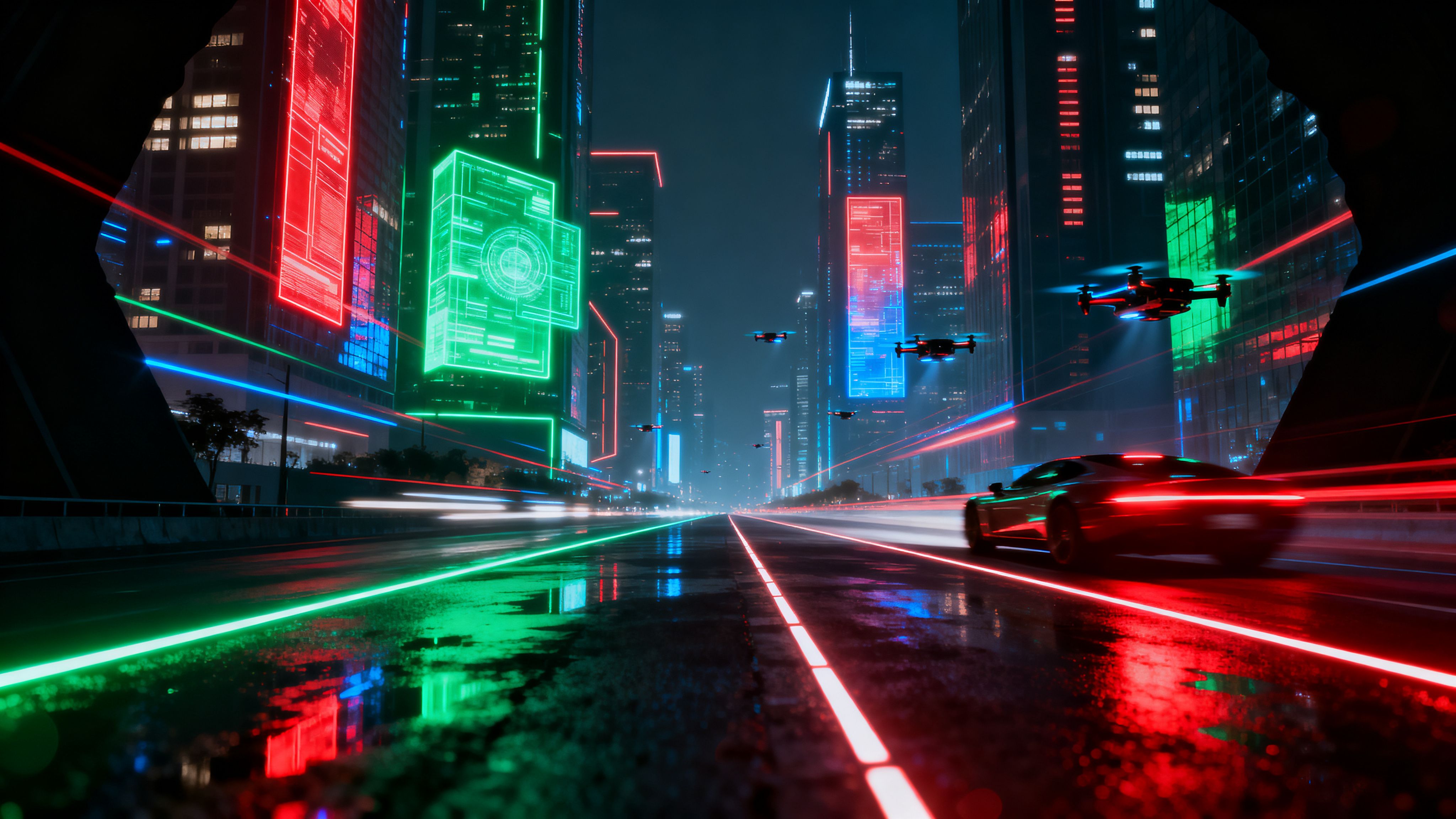 4096x2304 night city abstract digital glowing neon rgb