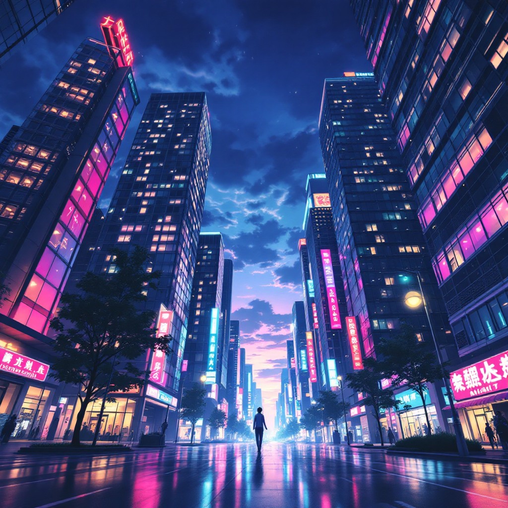 1024x1024 Free Neon Urban Heights Image, Skyscrapers, Anime