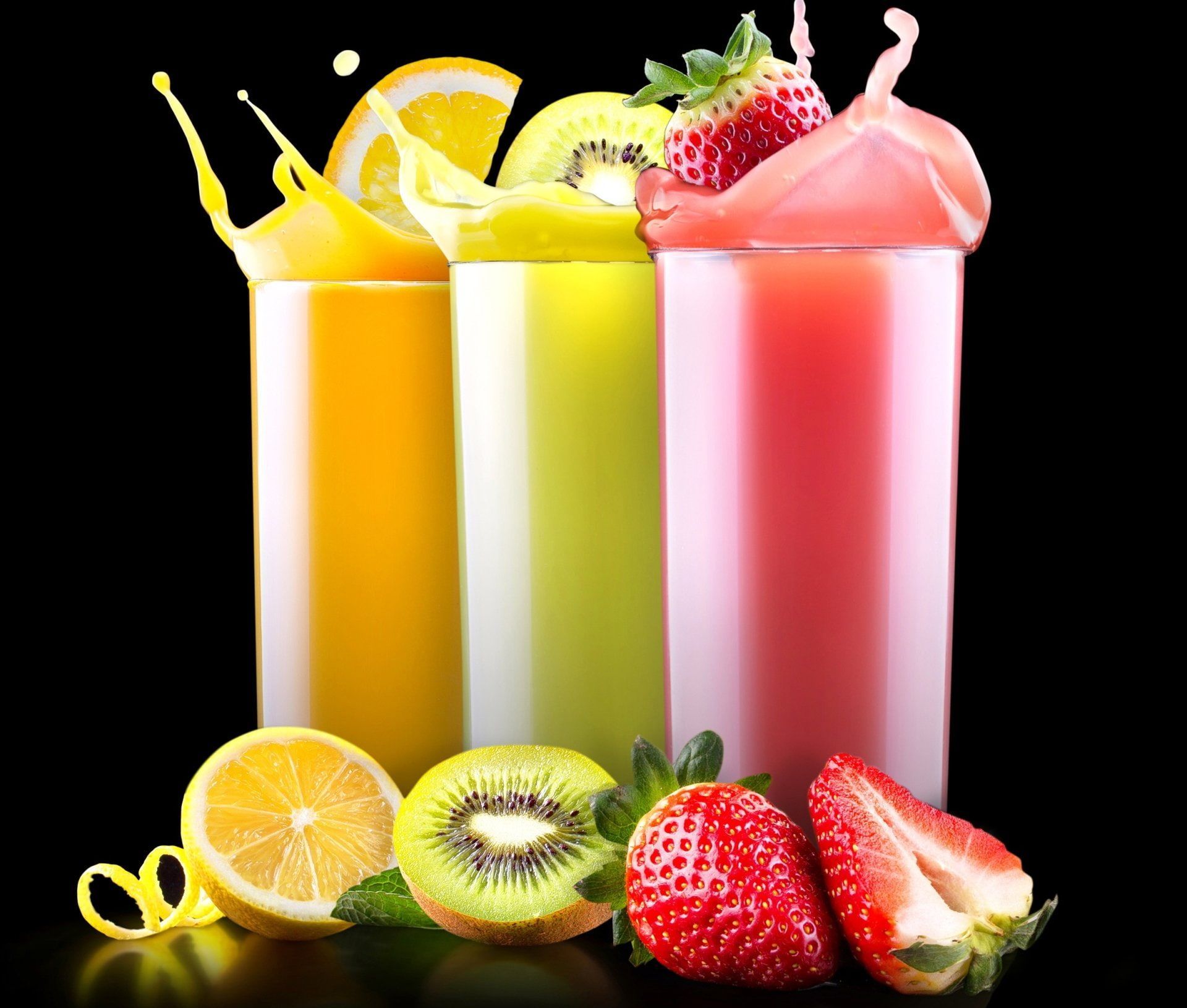 1920x1631 HD wallpaper: four fruit juices, pomace, tomato, glasses, white background