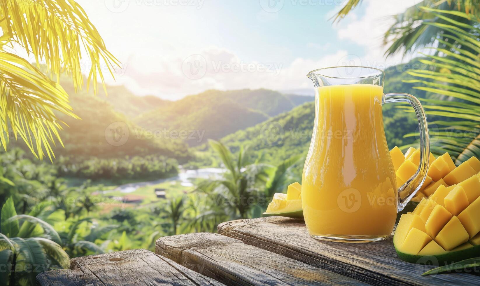 1646x980 Fresh mango juice in glass jug with copy space on wooden table