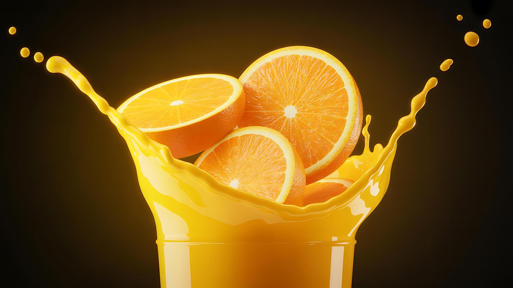 1747x980 Refreshing Orange Juice Splash Juicy Slices Falling into a Glass Against a Dark Background digital artwork with vibrant colors and detailed composition
