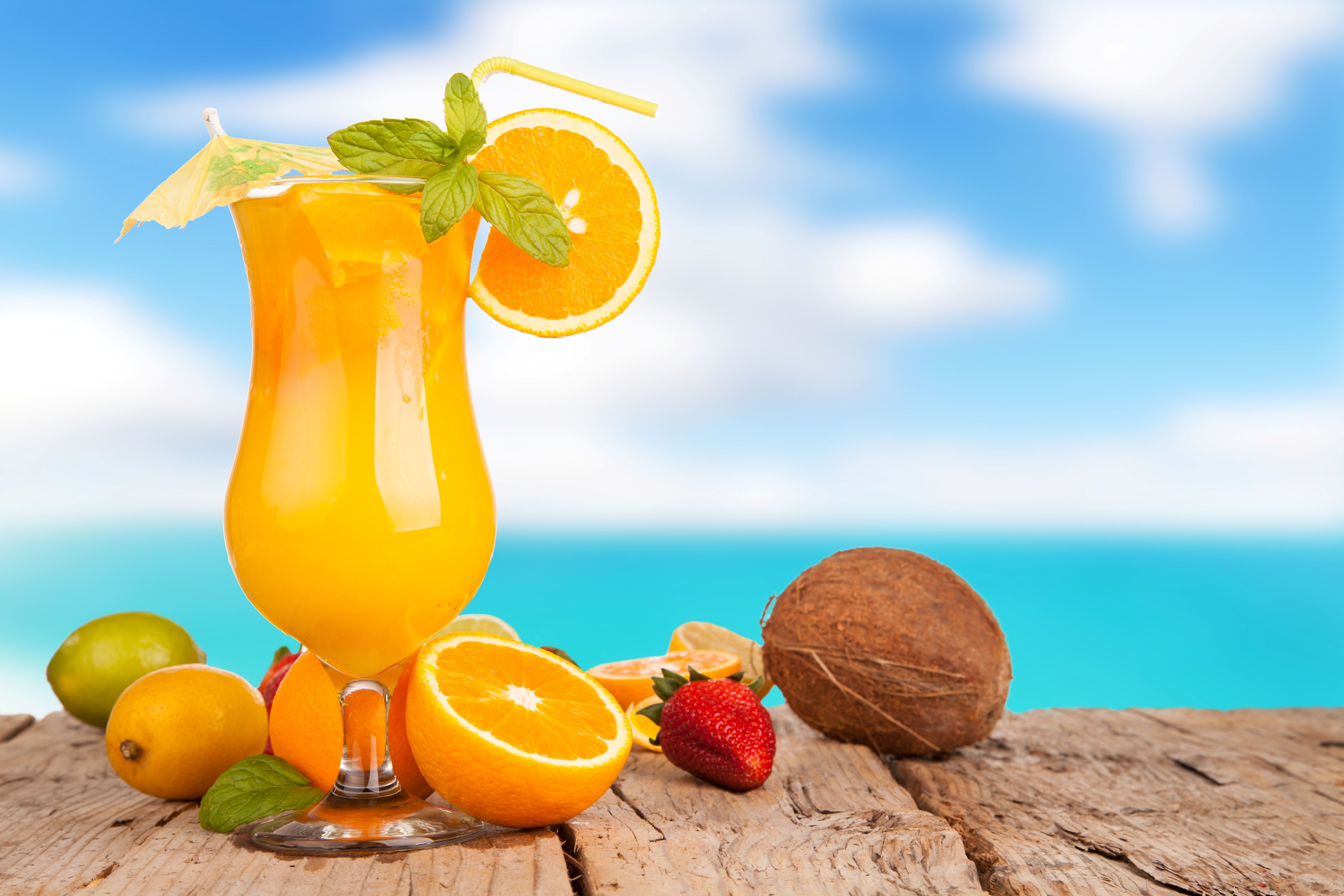 5935x3957 Wallpaper summer, umbrella, lemon, glass, orange, coconut, strawberry, juice for mobile and desktop, section еда, resolution 5935x3957