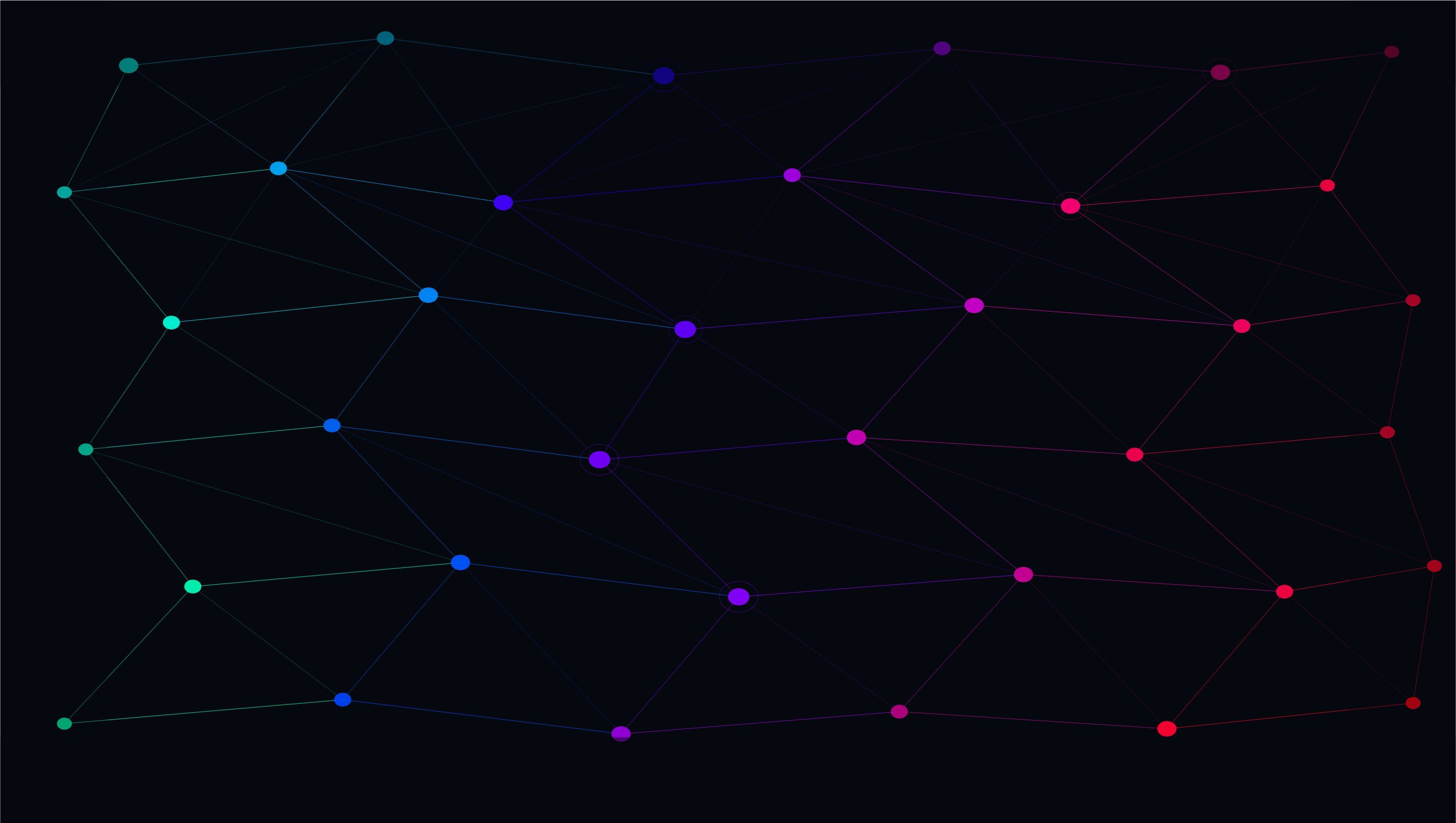 3000x1696 Colorful glowing network of connected dots on a dark background. vector