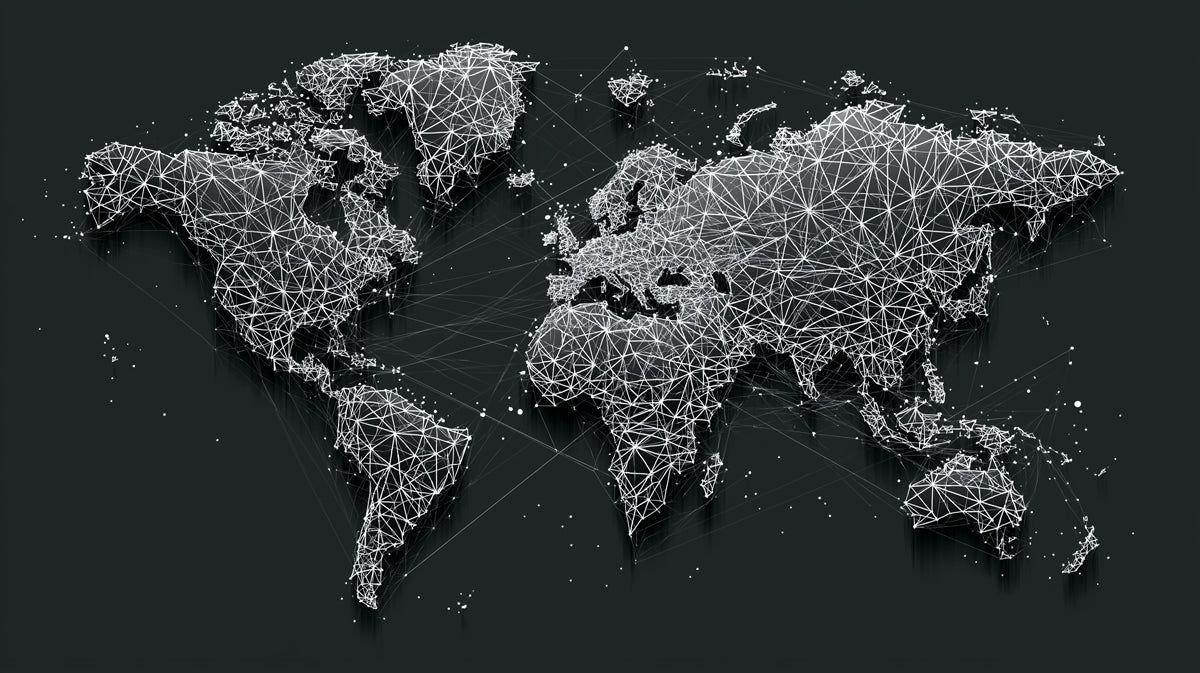 1200x673 Geometric Global Network Mural Wallpaper. Low Poly Mesh, Digital World Map, Dark High Tech Aesthetic