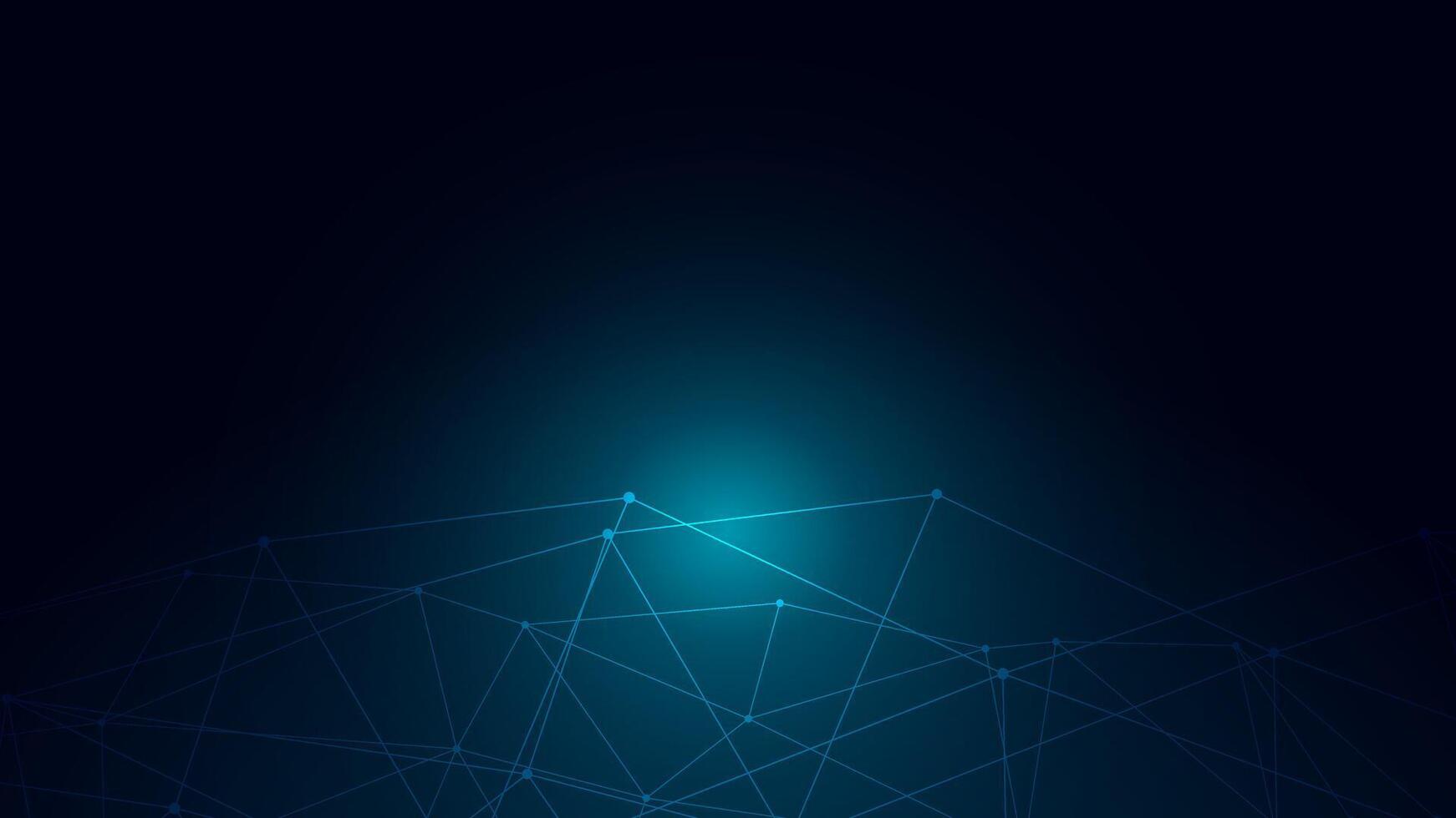 1742x980 Dark blue background or wallpaper with a glowing low poly plexus network and geometric lines at the bottom section with a central light flare