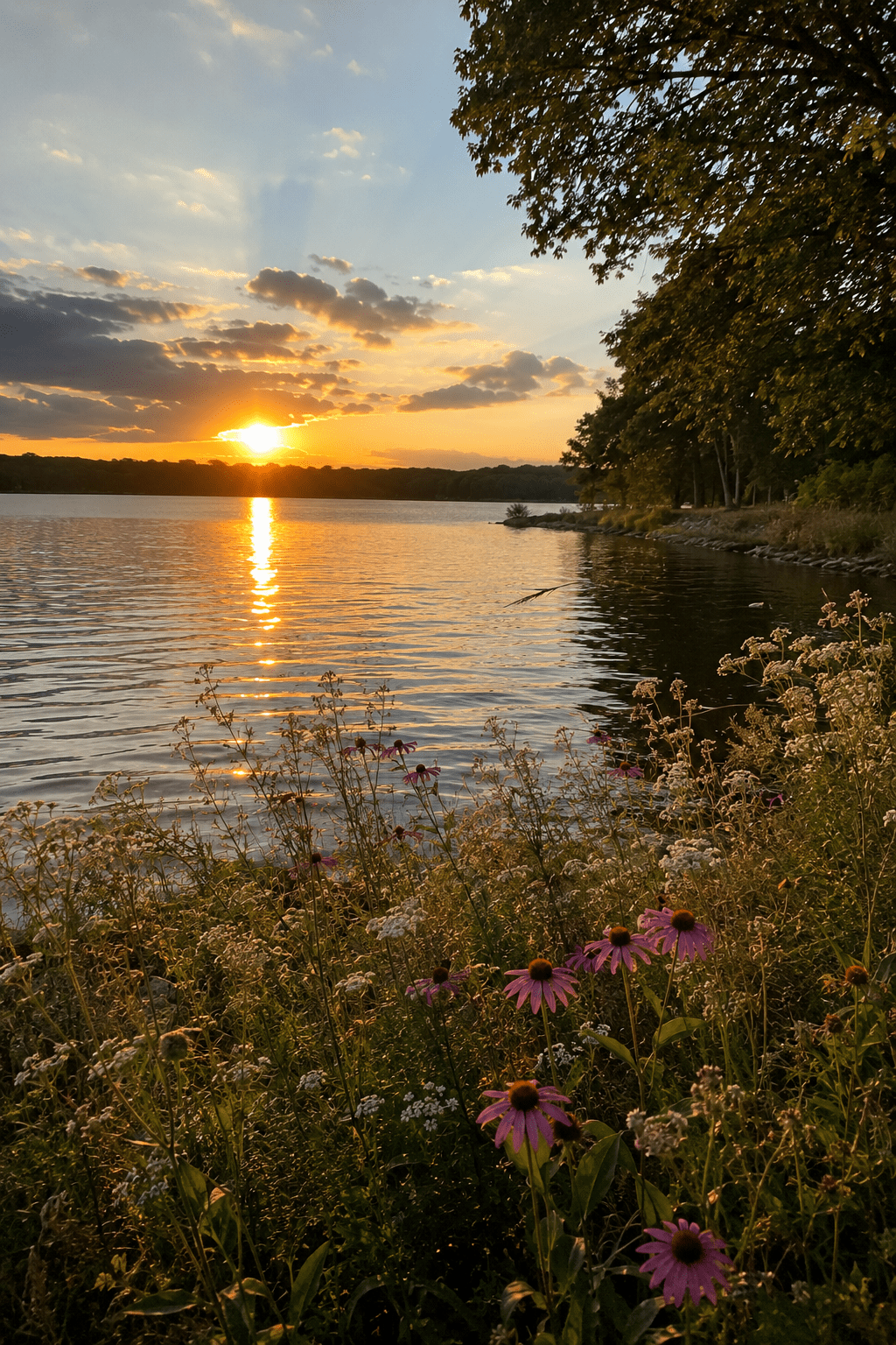 1024x1536 Vivo Y91i The Sun Is Setting Over A Lake With Wildflowers