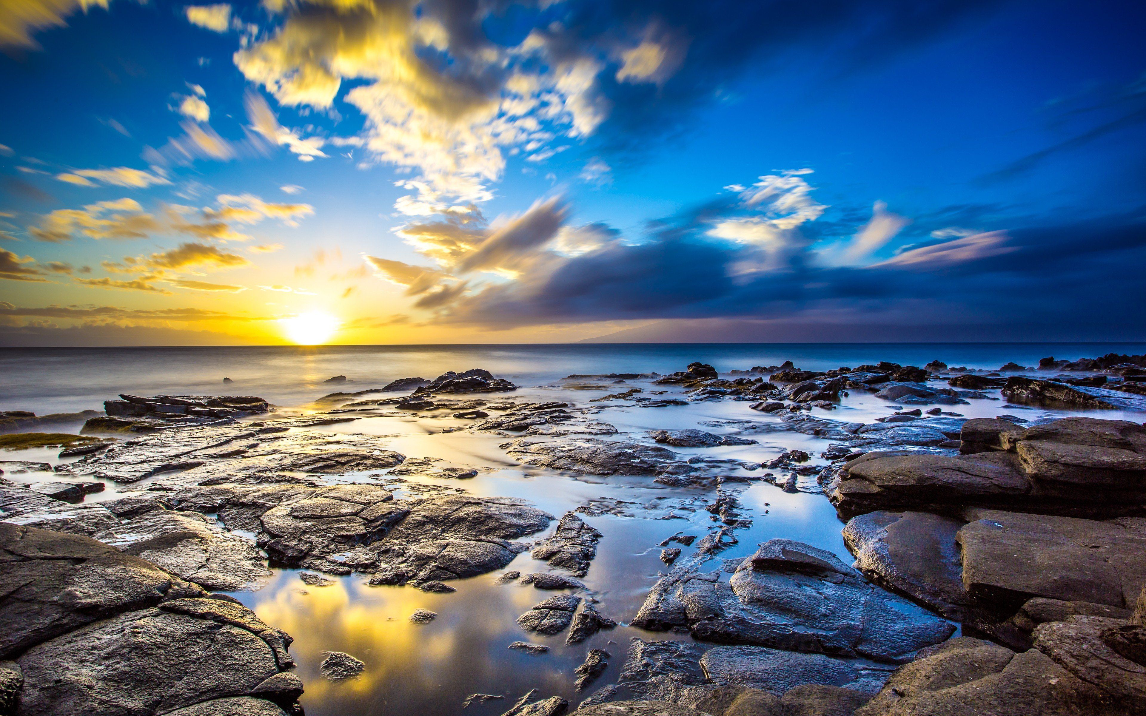 3840x2400 sunrise, Ocean, Landscapes, Nature, Coast, Sun, Dawn, Rocks, Hawaii, Usa, Sunlight, Hdr, Photography, Reflections, Sea Wallpaper HD / Desktop and Mobile Background