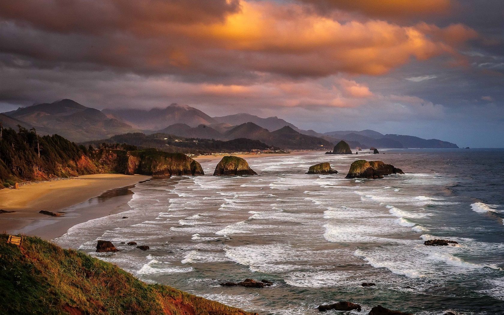 1680x1050 Wallpaper National Park, Oregon, USA, sea, rocks, beach, clouds, dusk 1920x1200 Picture, Image