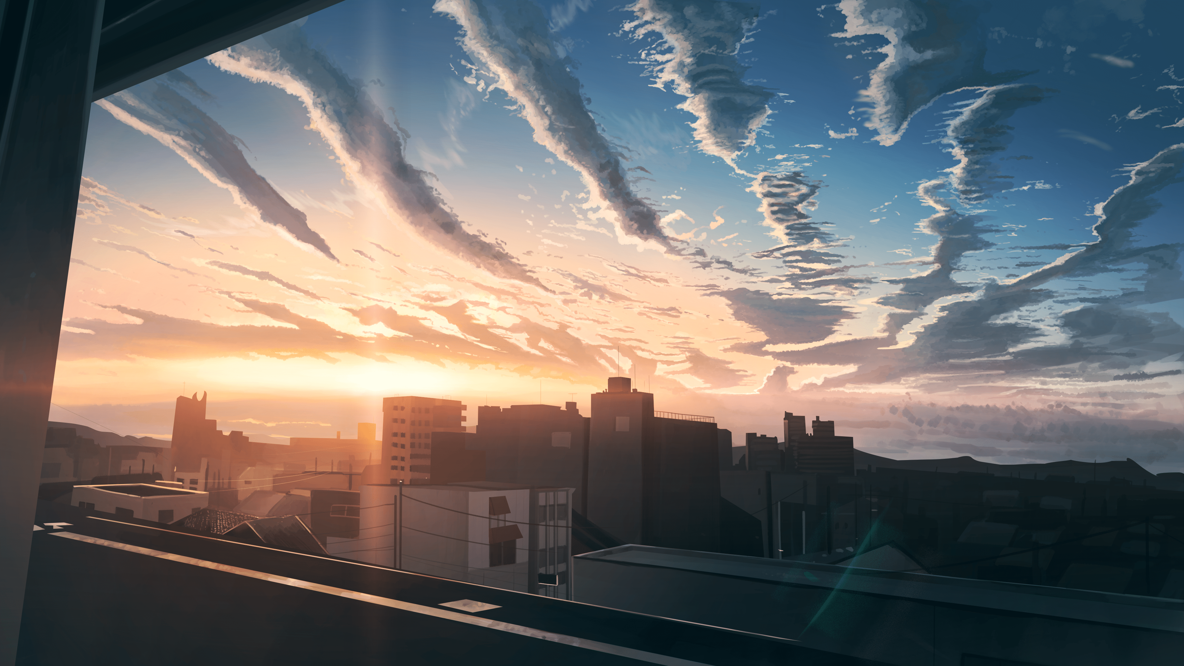 3840x2160 Anime Sunrise Cityscape Ultra HD Wallpaper