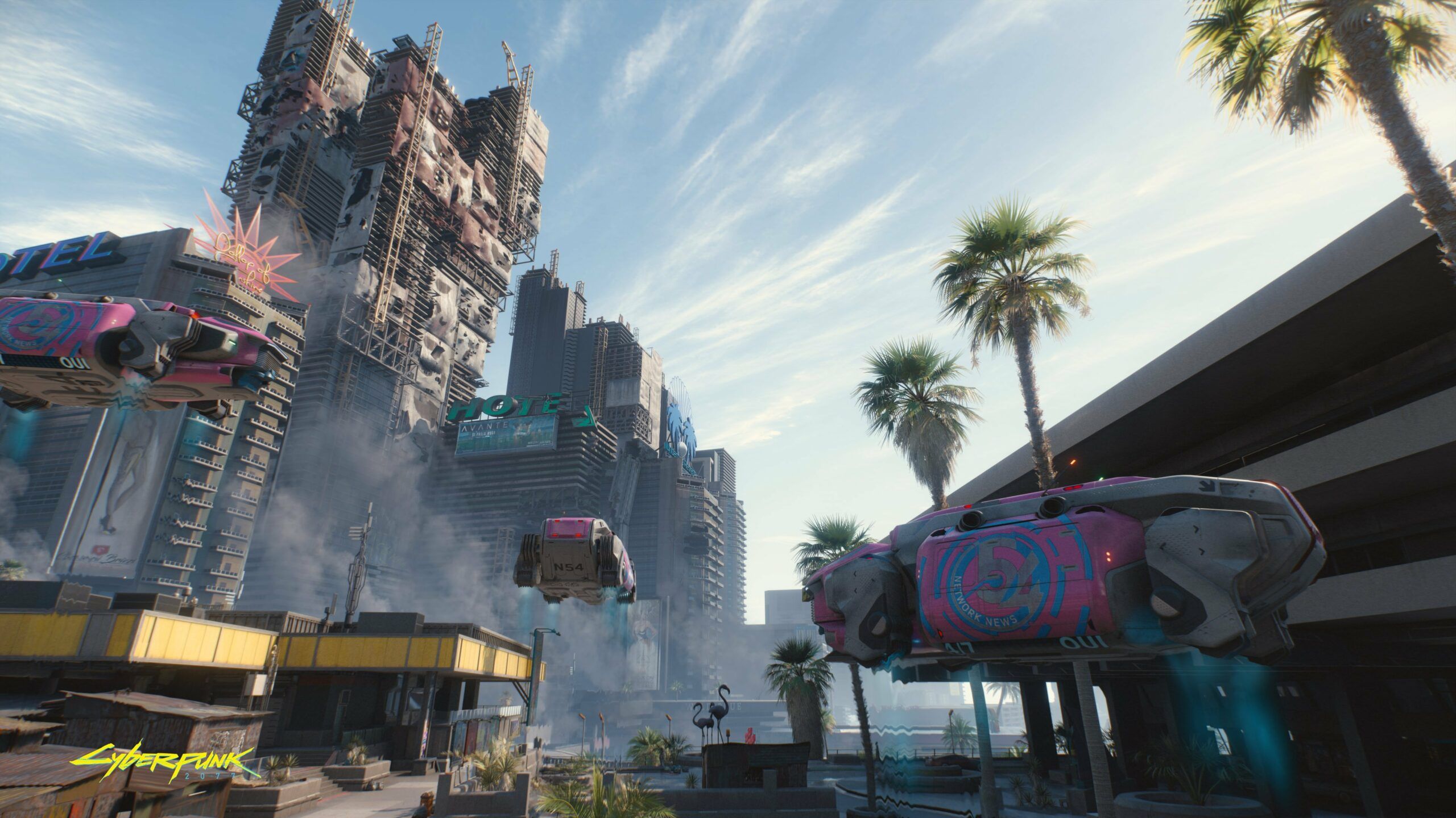 2560x1440 New Cyberpunk 2077 Screenshot Showcases Daytime Buildings and Flying Vehicles