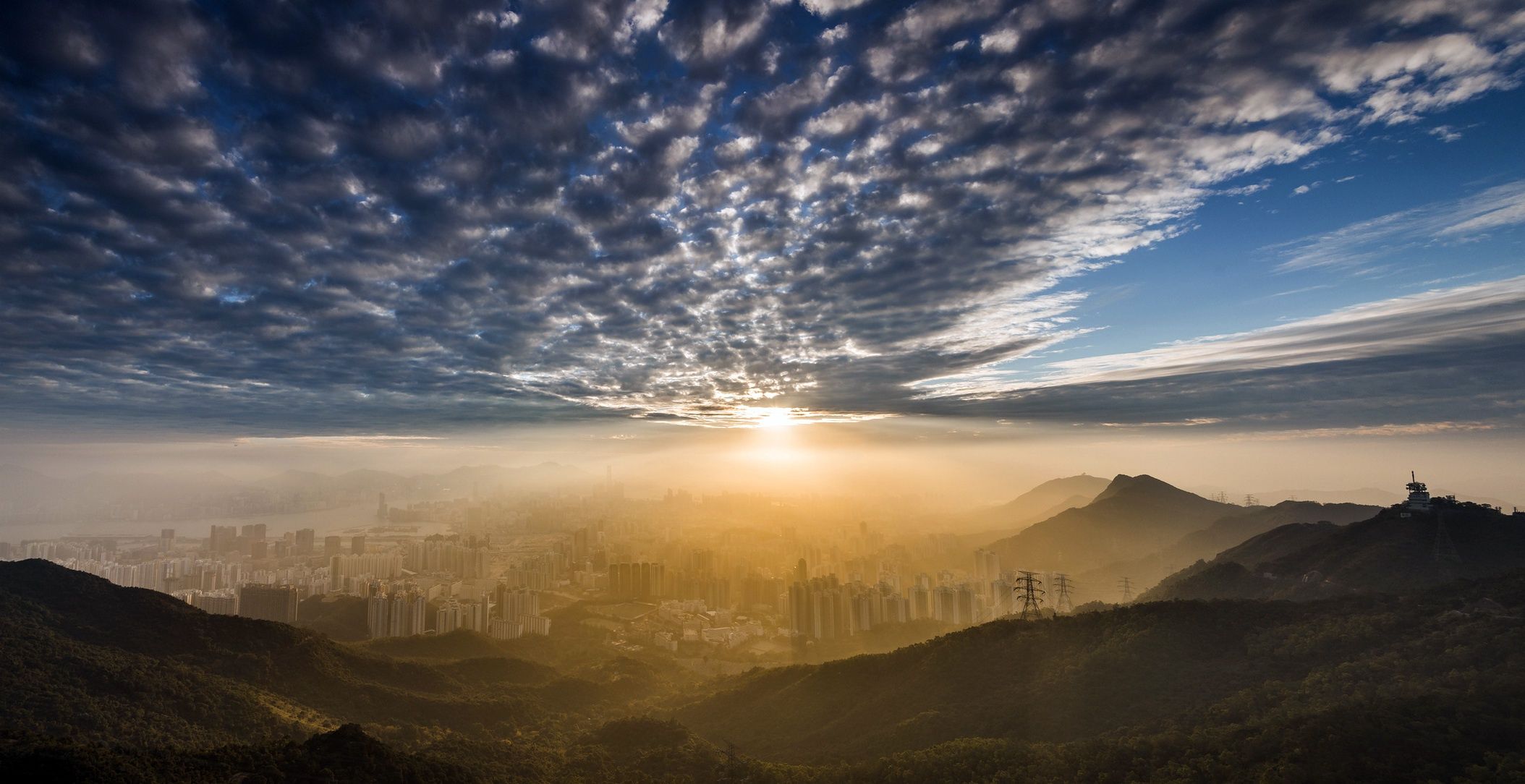 2108x1084 Wallpaper the city, morning, hongkong, Kowloon Peak for mobile and desktop, section город, resolution 2108x1084