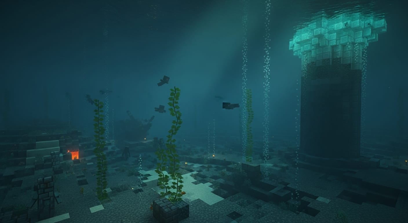 1408x768 Minecraft Deep Cold Ocean biome: mobs and survival