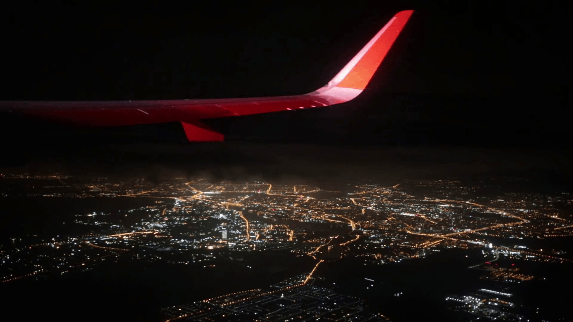 1920x1080 Travel concept. View from airplane window. Wing of plane and night sky