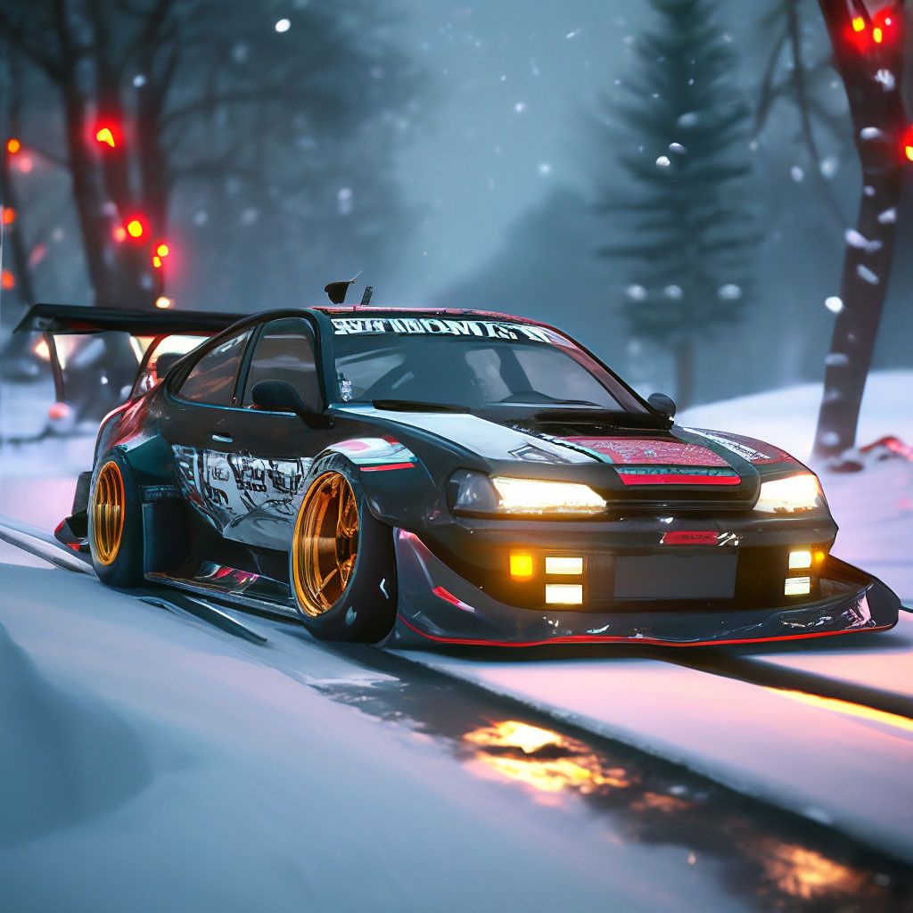 1024x1024 Car, winter, snow, toyota, drift, tuning, big camber, garland, neon, new year, high quality, 4k, realism