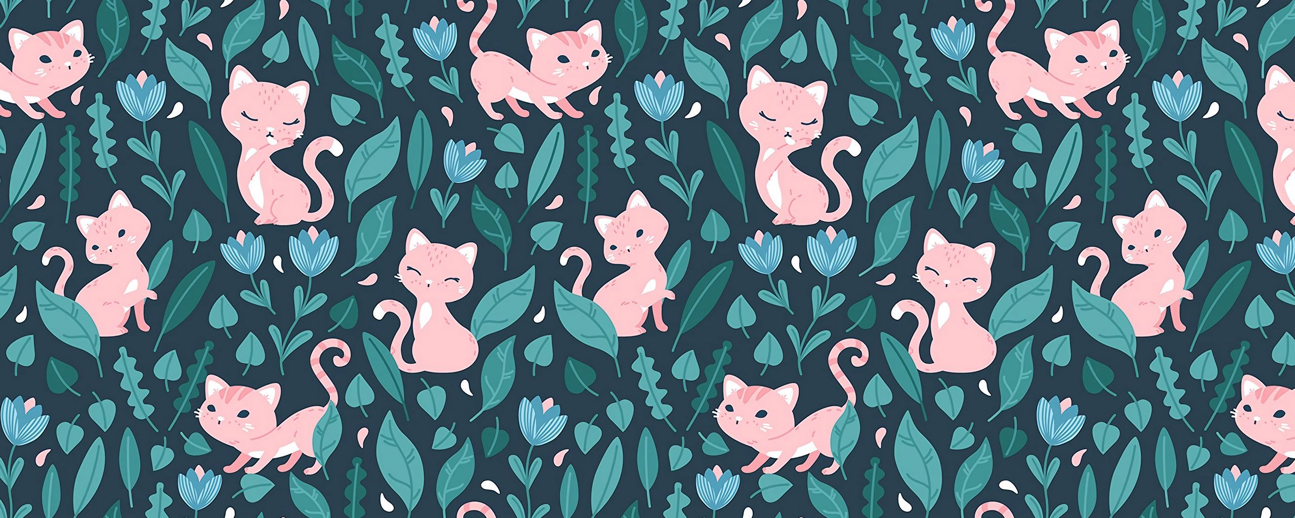 2560x1024 Download wallpaper 2560x1024 cat, cute, flowers, leaves, pattern ultrawide monitor HD background