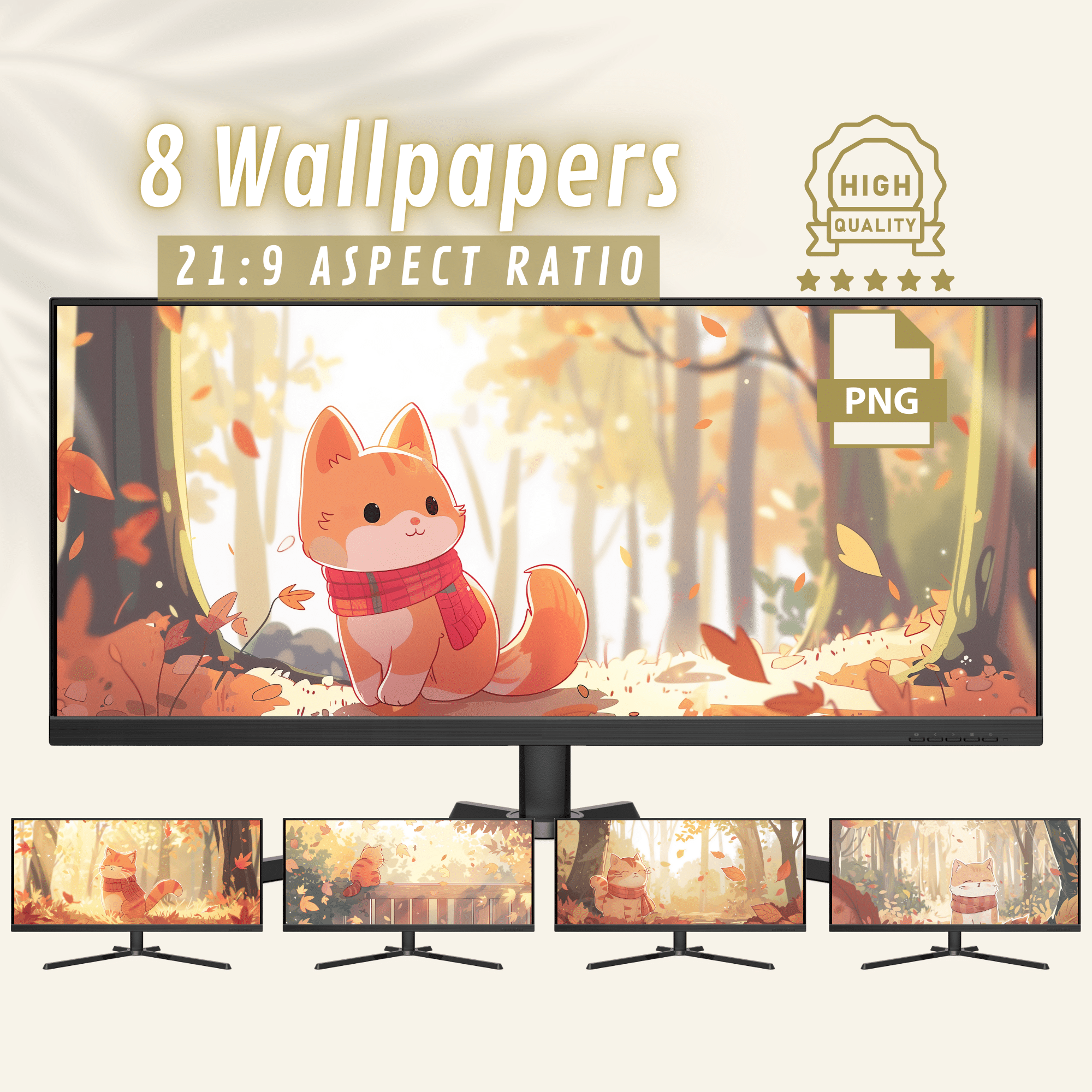 2000x2000 Buy Cute Red Cat and Cozy Autumn Widescreen Wallpaper, Charming Kawaii and Fall Scenery Ultrawide Background for Desktop, PC Instant Download