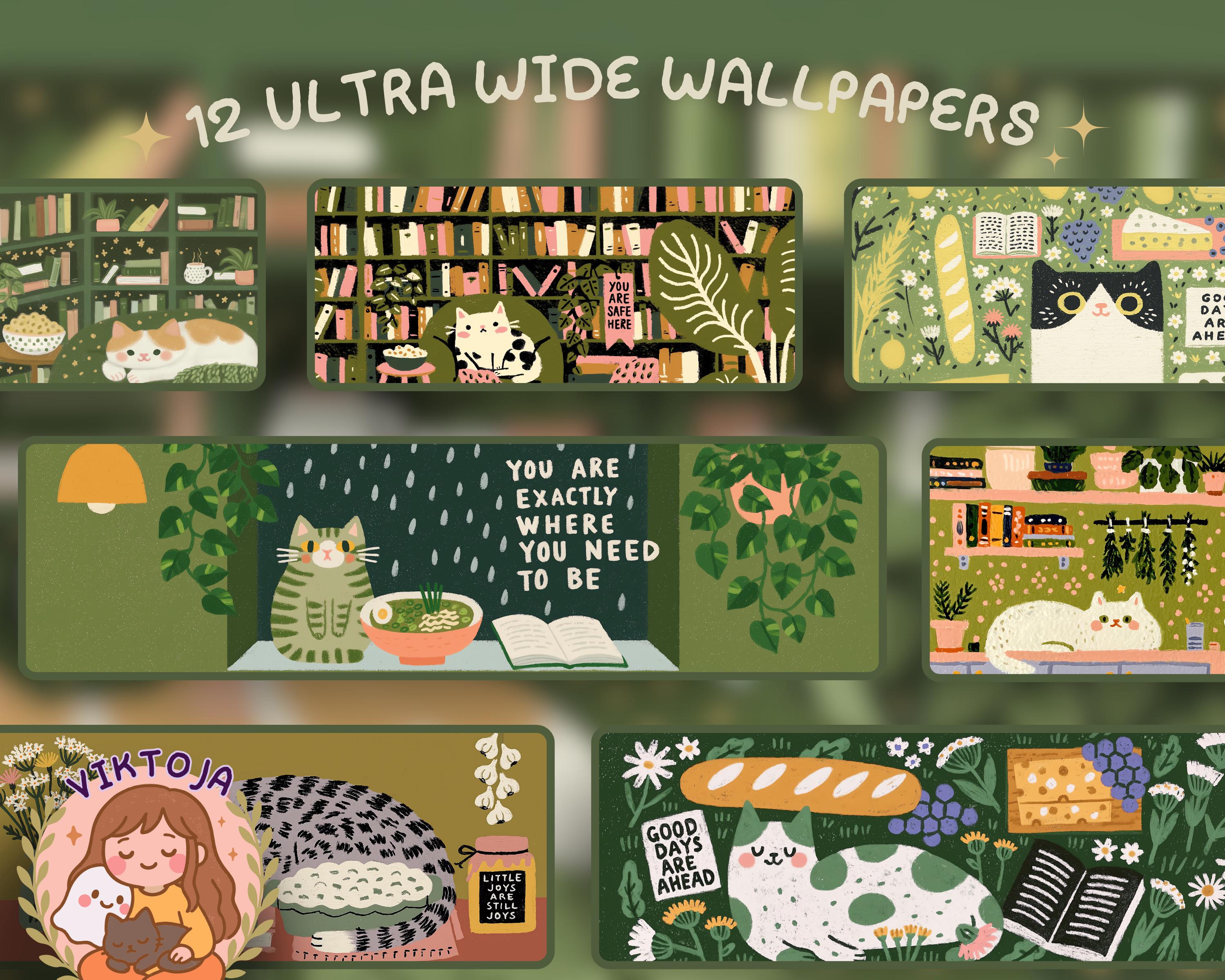 3000x2400 foodie cat quotes kawaii Ultrawide Wallpaper Set Desk Setup Desktop for 21:9 32x9