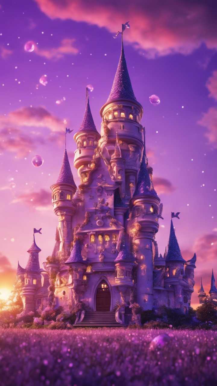 720x1280 A crystal purple castle inhabited by kawaii fairies against a sunset sky. Wallpaper [f10ac0d5f2434ed1b579]