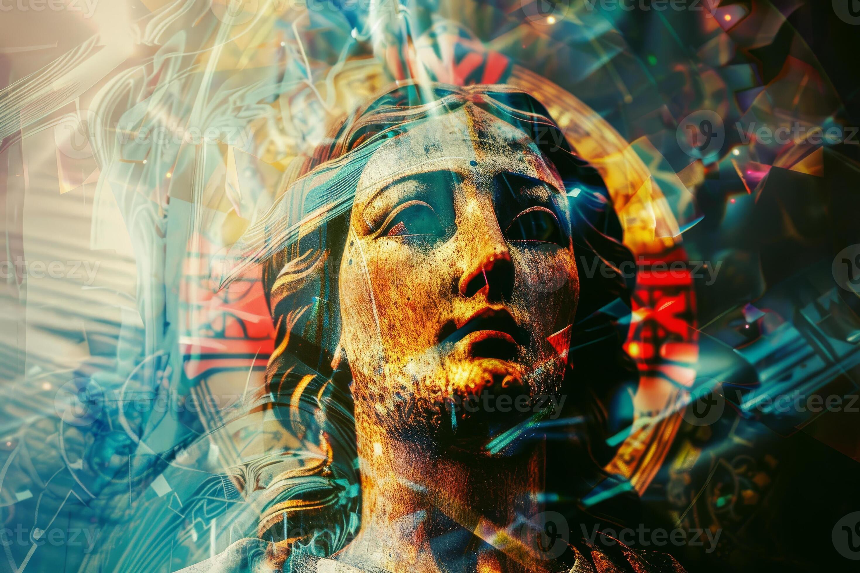 2940x1960 The artwork showcases a striking wooden statue of a religious figure, illuminated by colorful light effects, surrounded by intricate patterns and designs that enhance its spiritual aura