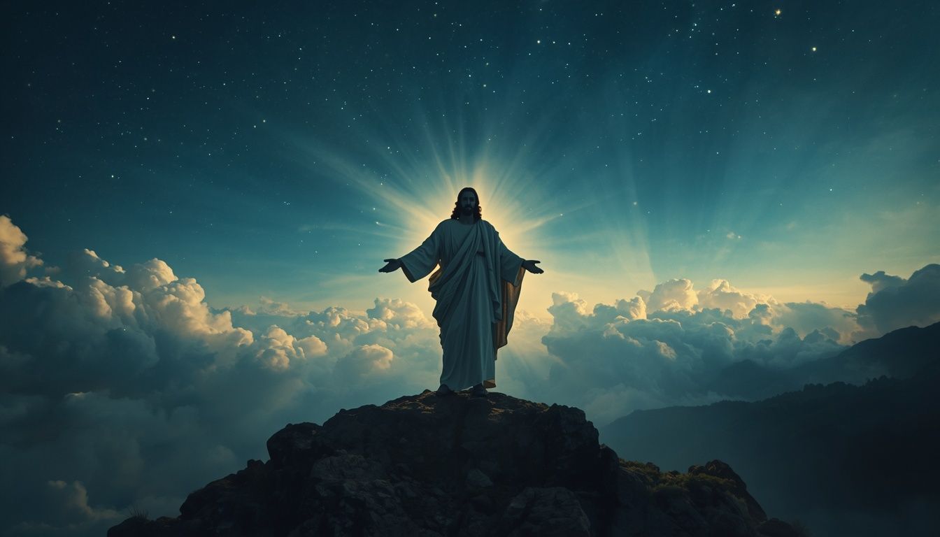 1344x768 jesus christ standing mountain night soft glowing