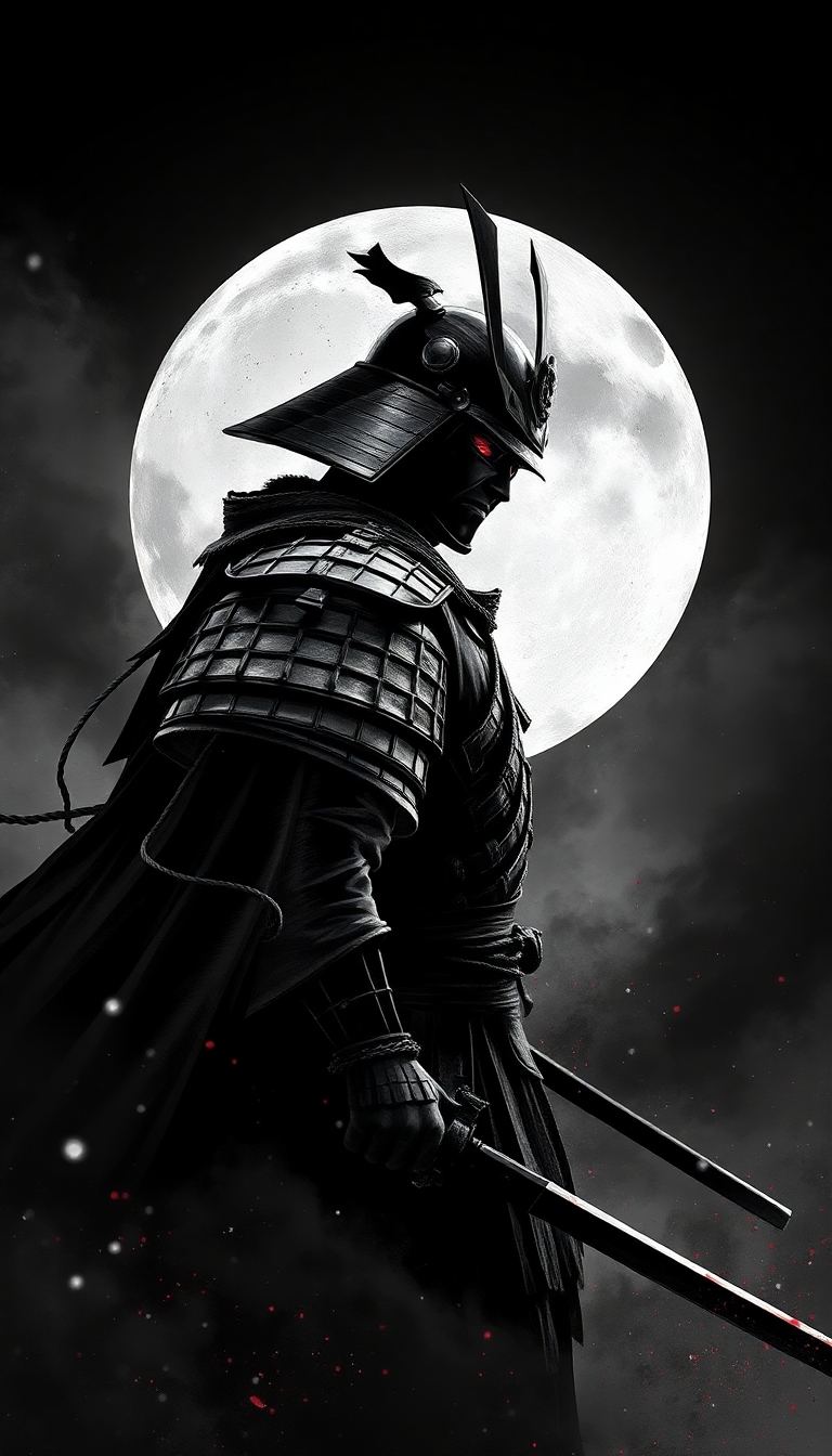 768x1344 Ghost Of Tsushima Black And White Samurai Theme, Dark Mode Version, Red Colour In The Art. Anime Art Style