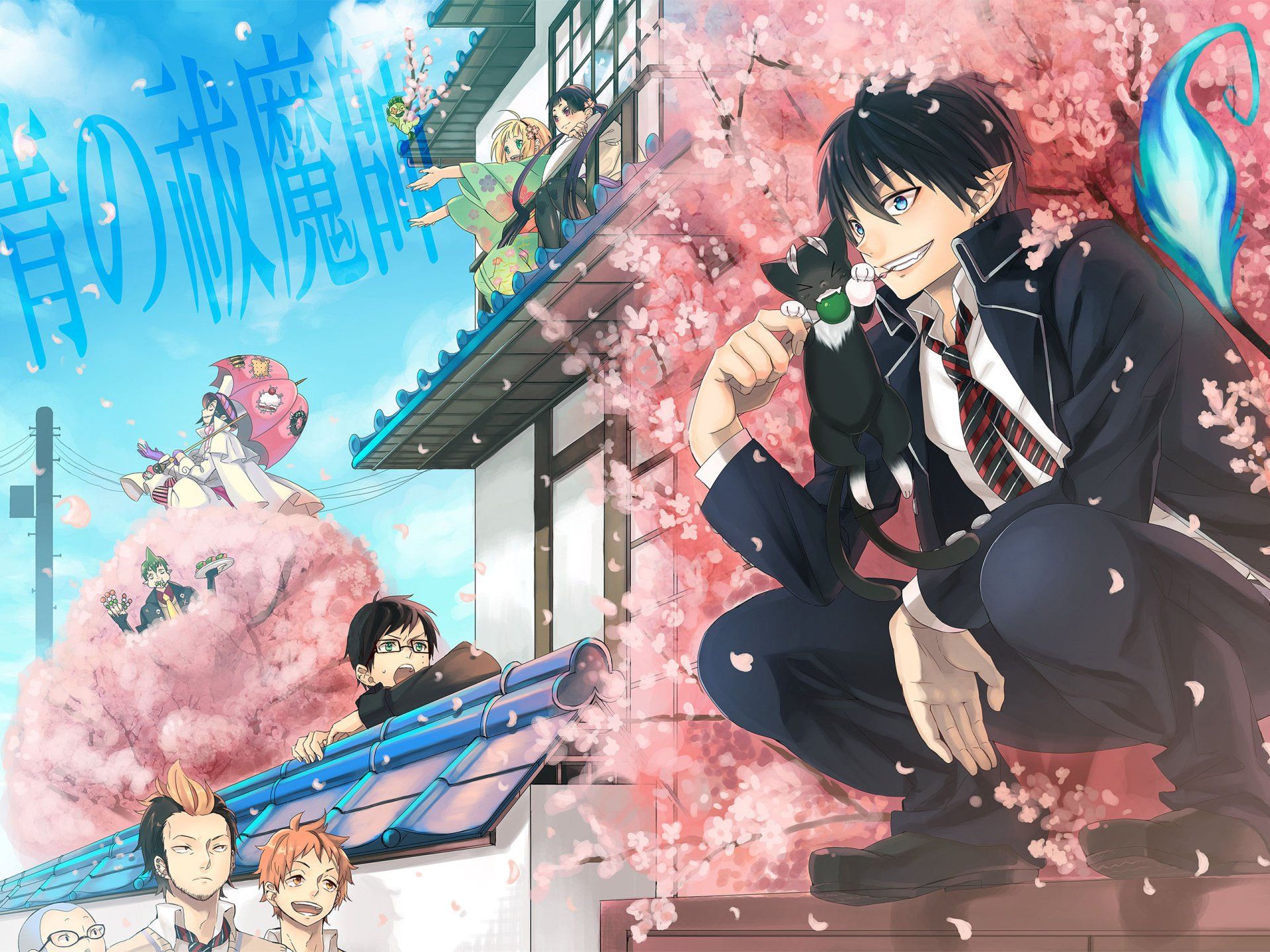 1920x1440 Blue Exorcist HD Wallpaper: Characters in Cherry Blossom Blissx1920