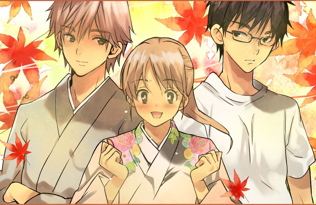 1200x777 chihayafuru ayase chihaya mashima taichi wataya arata rand (artist) black hair blush brown eyes brown hair glasses japanese clothes