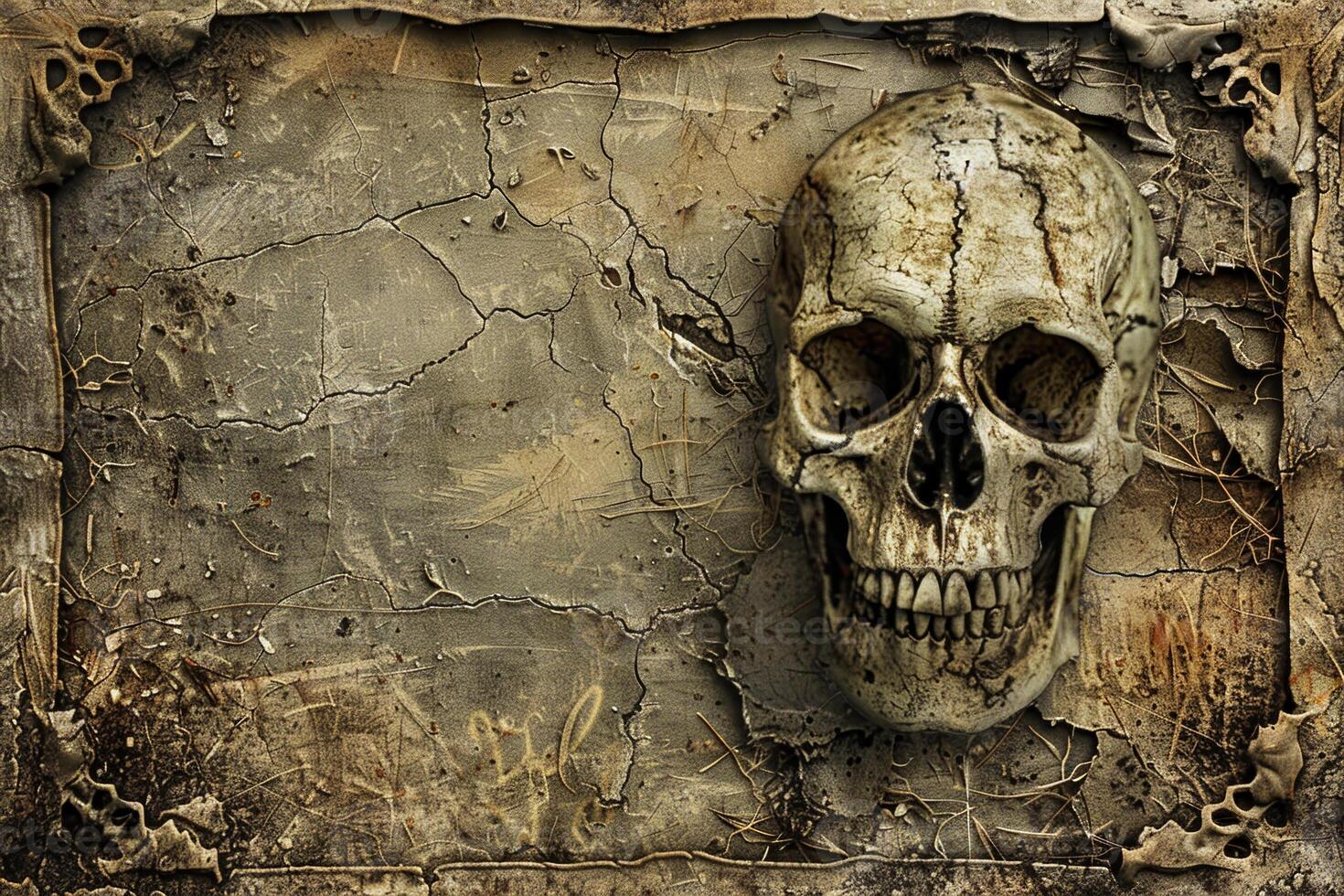 1470x980 Cracked Skull with Webbing Detail on Dark Background
