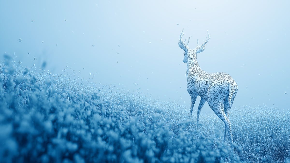 1200x673 Digital Wireframe Deer Mural Wallpaper. Ethereal Blue Landscape