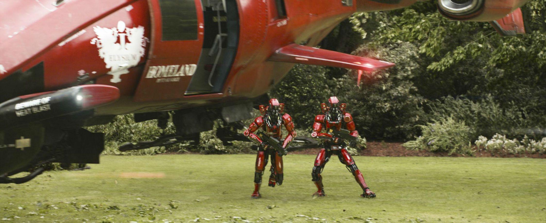 2248x920 Elysium 2013 Sci Fi Futuristic Apocalyptic Future Robot Robots Helicopter Spaceship Wallpaperx920