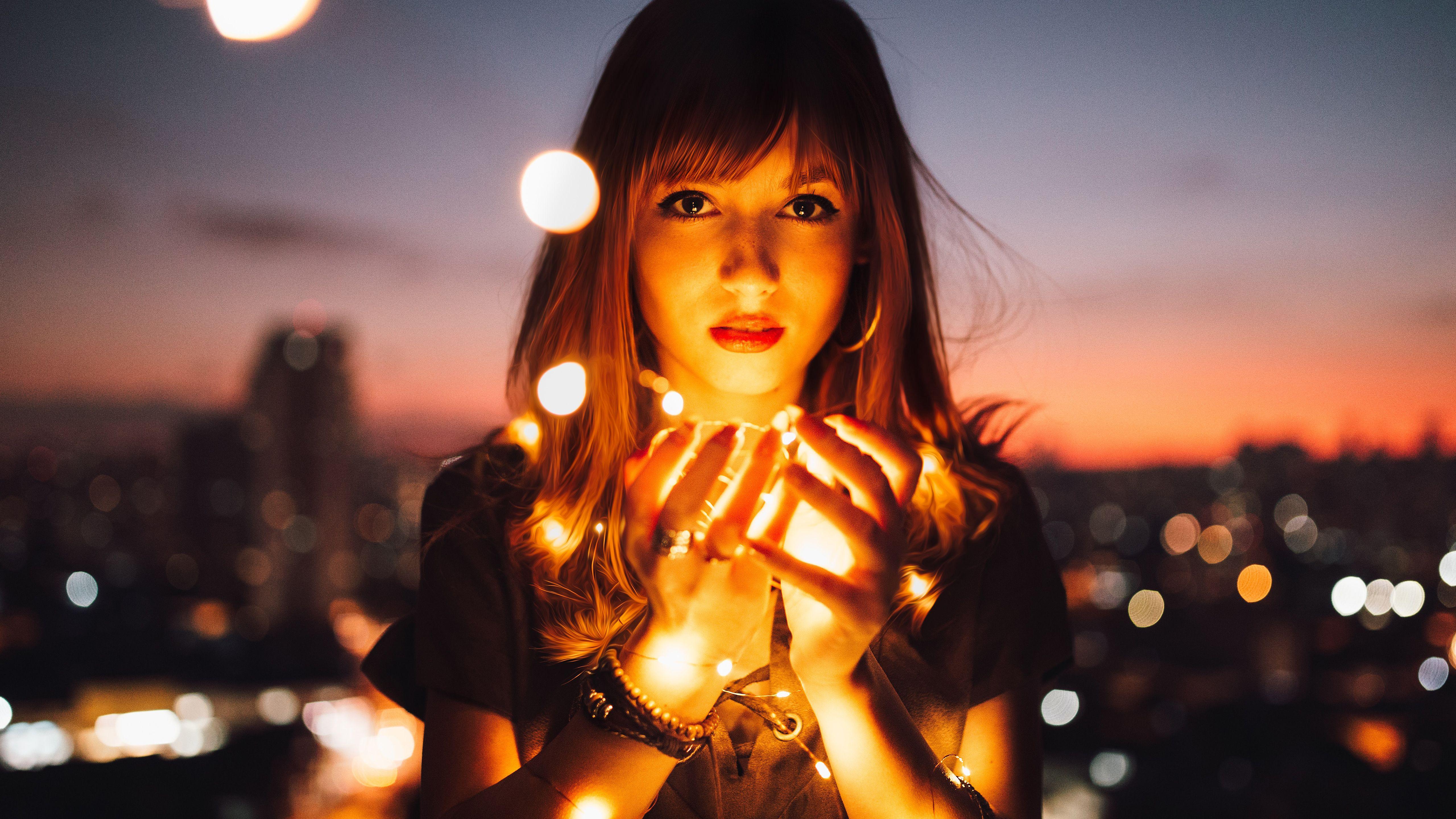 5120x2880 Beautiful Girl Lights Portrait 5K Wallpaper