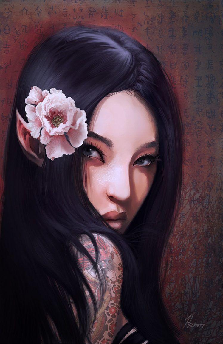 748x1156 exotic, Poison, Fantasy, Girl, Woman, Elf, Tattoo, Flower, Face, Portrait Wallpaper HD / Desktop and Mobile Background