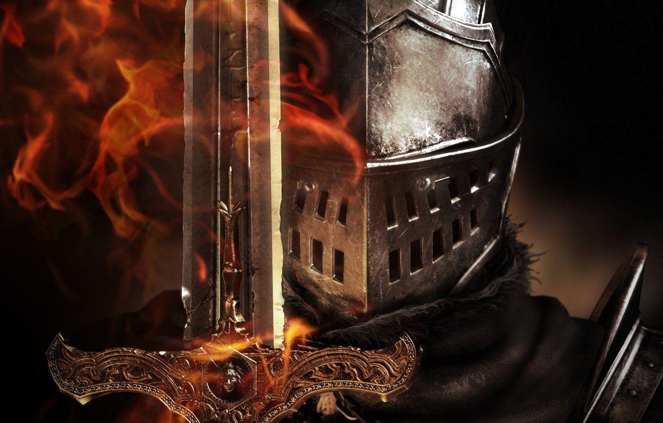 1332x850 Wallpaper flame, sword, helmet, armor, knight, Dark Souls image for desktop, section игры