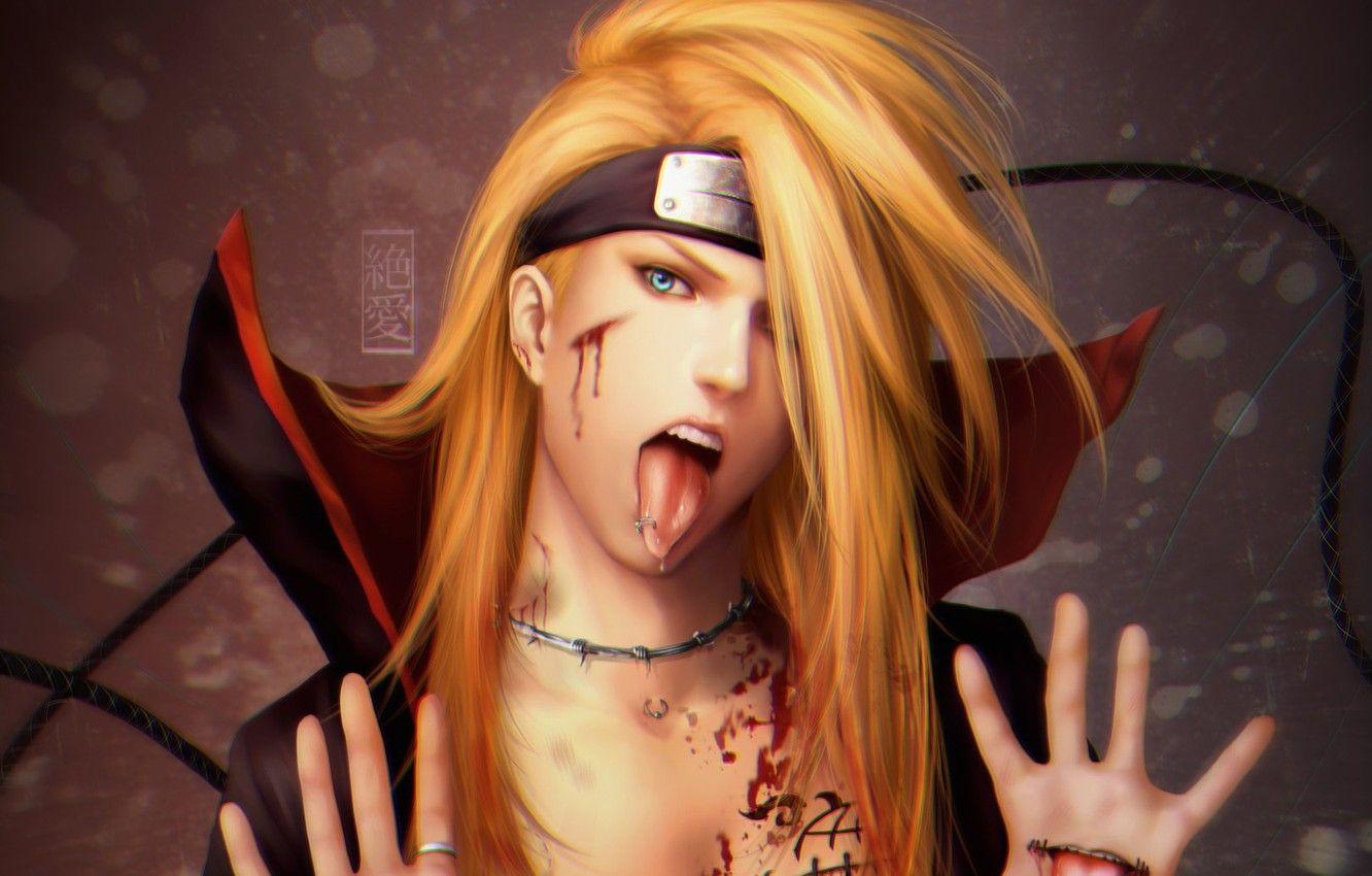 1332x850 Wallpaper language, blood, piercing, ring, naruto, headband, guy, cloak, Naruto, art, Akatsuki, zetsuai Deidara, Deidara image for desktop, section сэйнэн