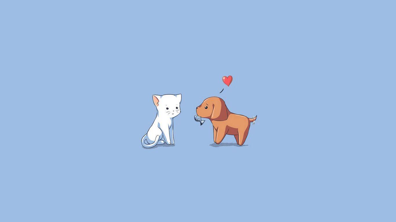 1366x768 Download wallpaper 1366x768 dog, cat, kitten, puppy, drawing, heart tablet, laptop HD background