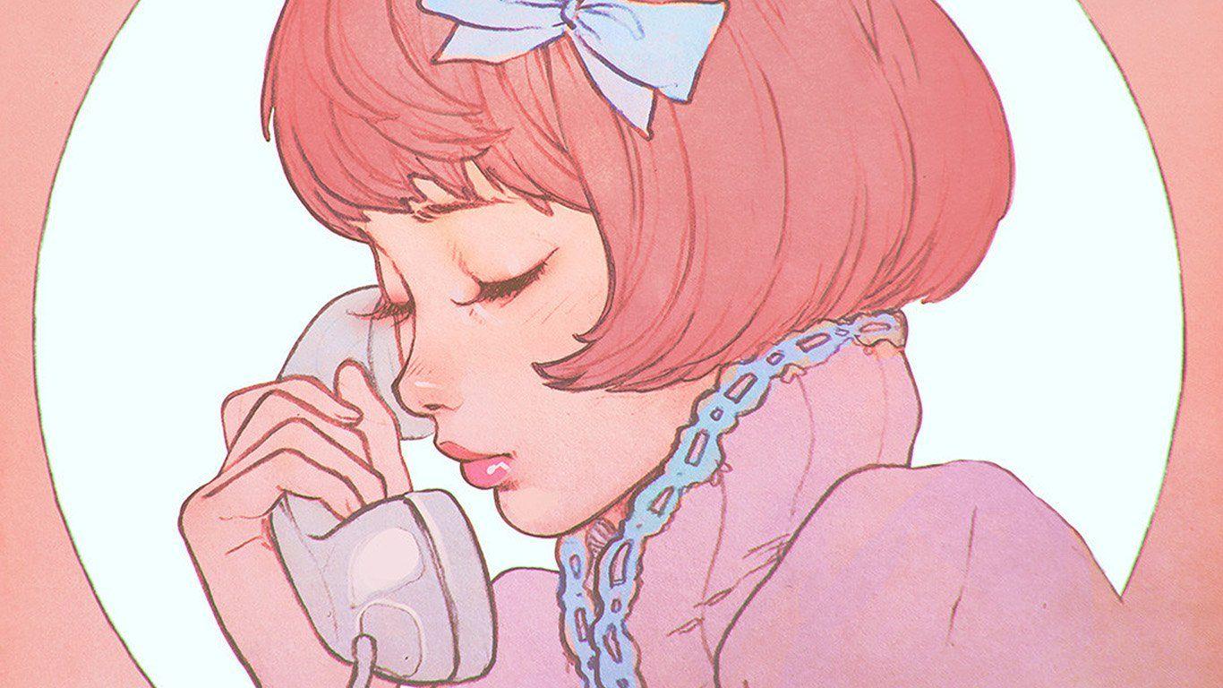 1366x768 wallpaper for desktop, laptop. pink phone girl cute anime drawing art ilya