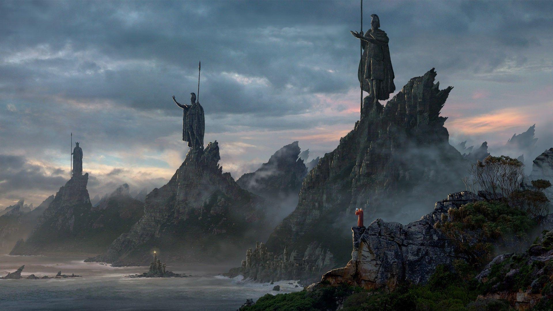 1920x1080 fantasy Art, Digital Art, Nature, Landscape, Statue, Cliff Wallpaper HD. Fantasy art, Digital wallpaper, Fantasy